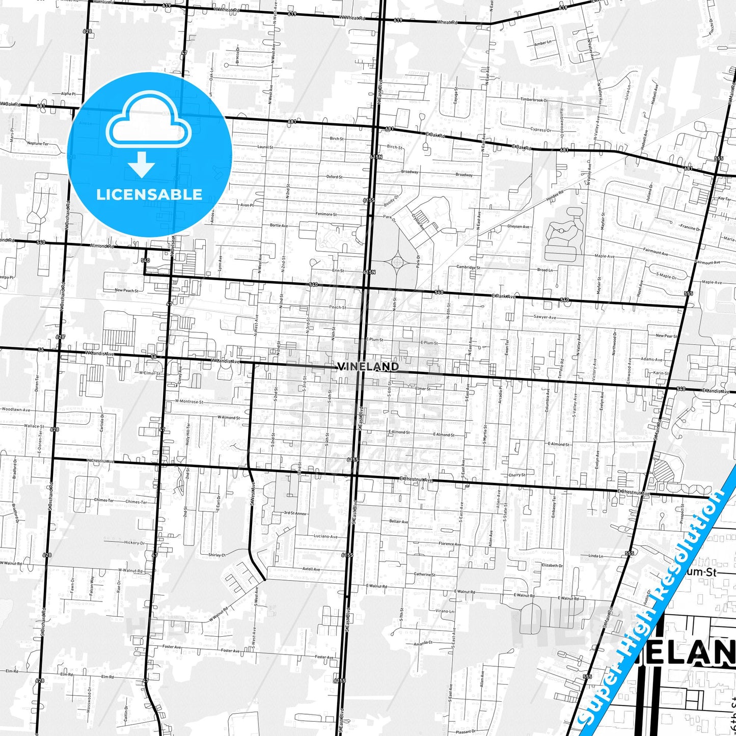 Vineland, New Jersey Light Map with Street Names, City Names, and Districts