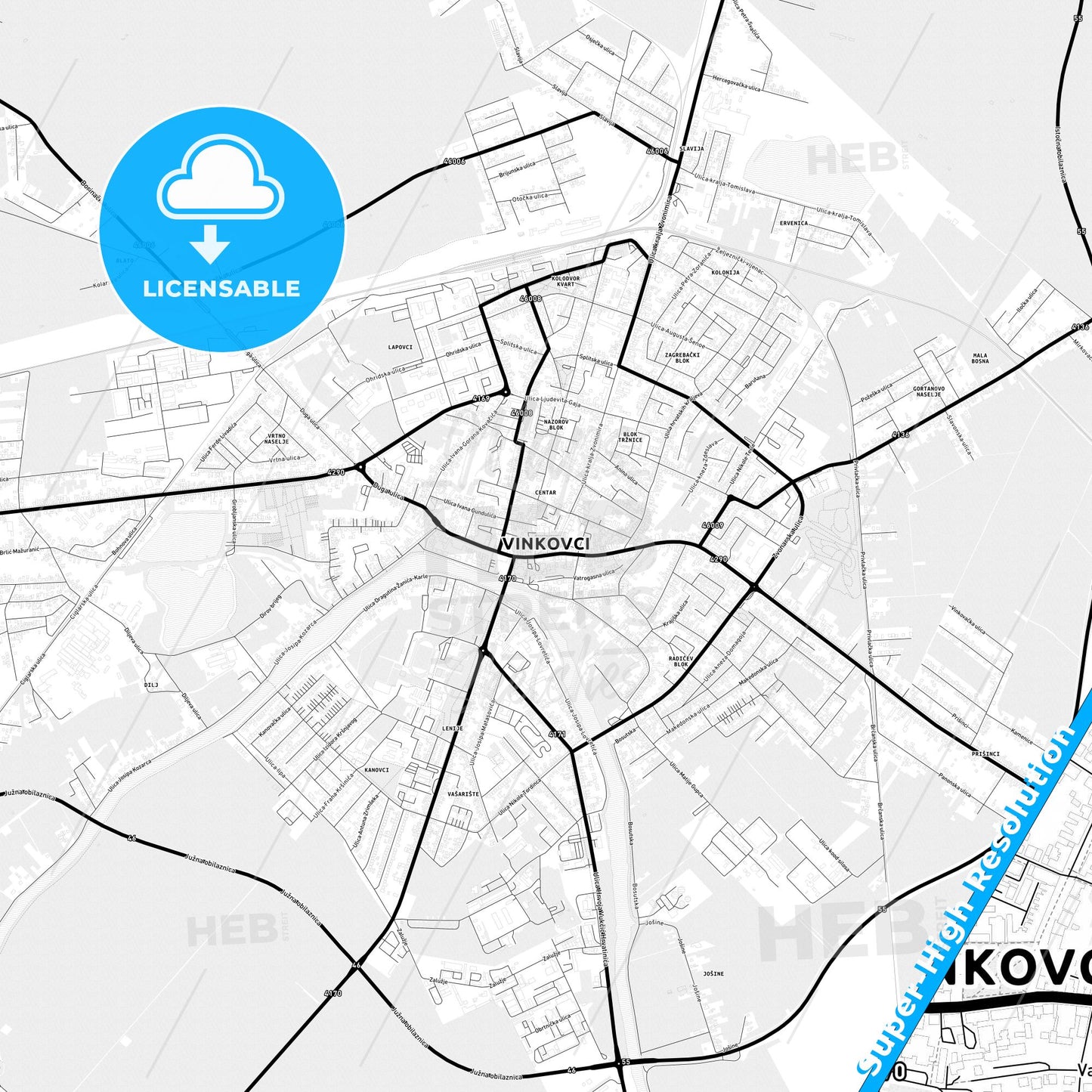 Vinkovci, Croatia Light Map with Street Names, City Names, and Districts