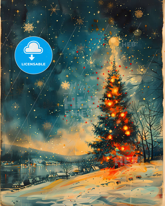 Festive Midcentury Vintage New Year's Eve Painting With Christmas Tree Lights and Snow