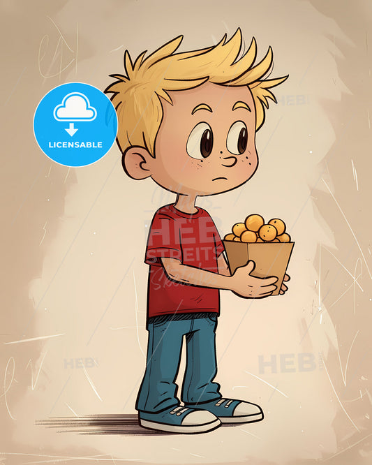 Vintage cartoon boy blonde hair red shirt blue pants holding ice cream paper box muted colors thick lines low detail