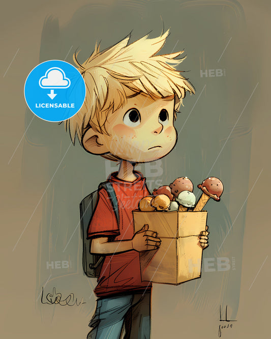 Vintage cartoon art classic of a young boy in a red shirt, blue pants, and blonde hair holding a cardboard box of ice cream, simple muted colors and thick lines, no shading, low detail, focus on art, cartoon boy holding ice cream box, vibrant painting