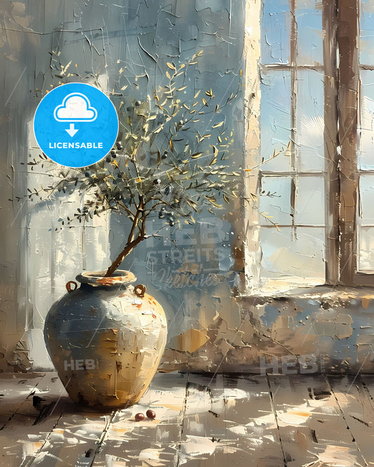 Captivating Vintage Oil Painting: Olive Tree in Whitewashed Pottery, Realistic Brushstrokes, Muted Colors, Art Print