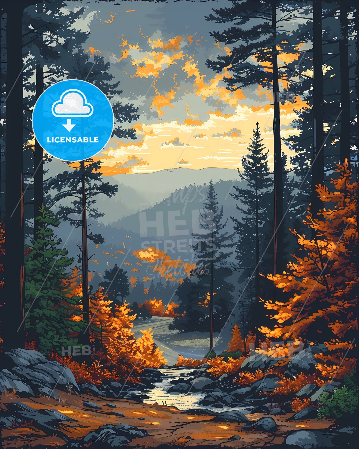 Vibrant Painting of a River Winding Through a Lush Forest in Virginia, USA