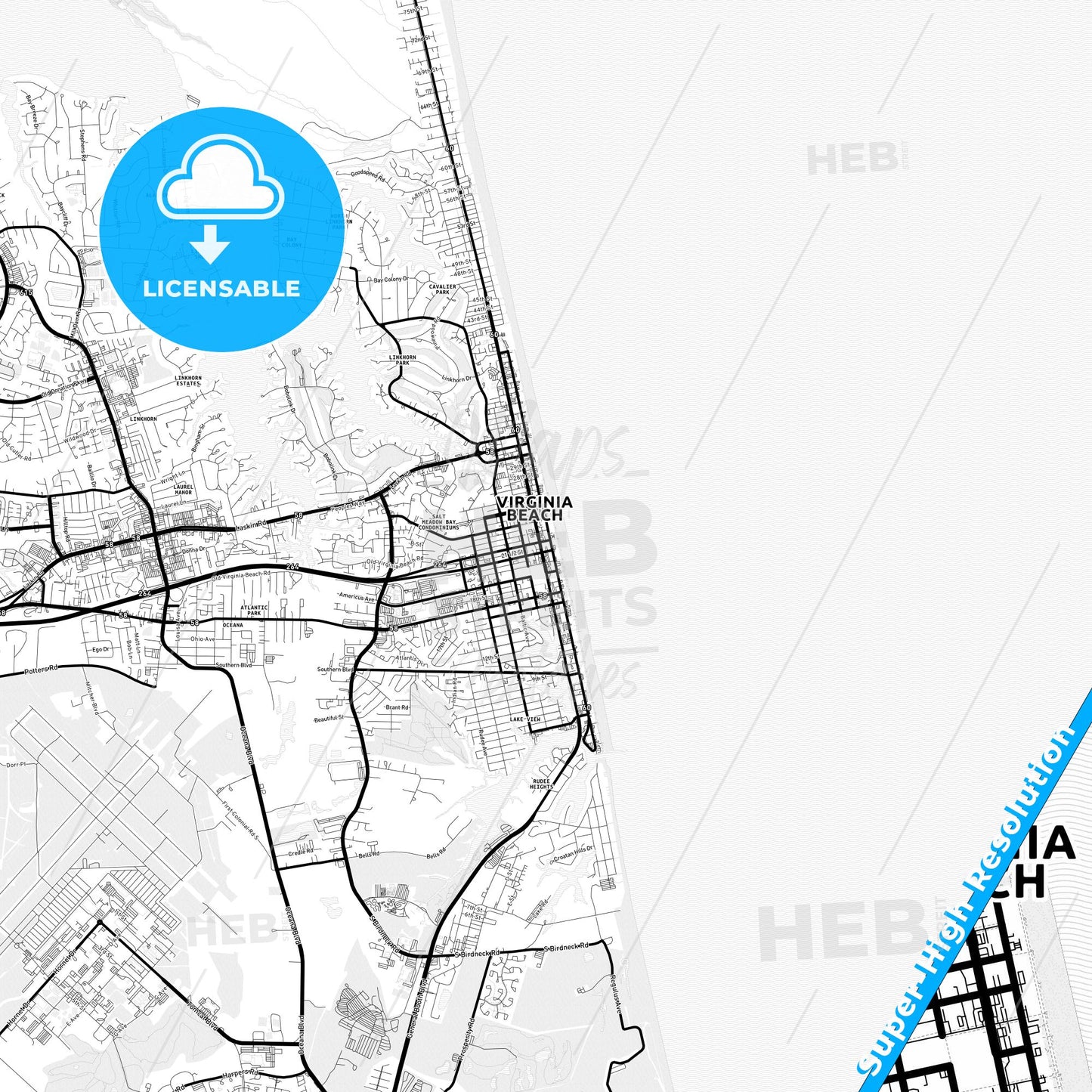 Virginia Beach, Virginia Light Map with Street Names, City Names, and Districts