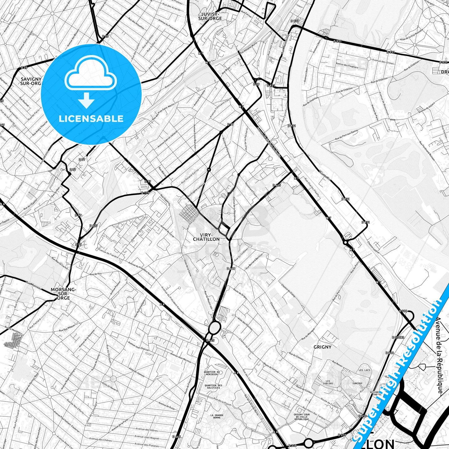 Viry-Châtillon, France Light Map with Street Names, City Names, and Districts