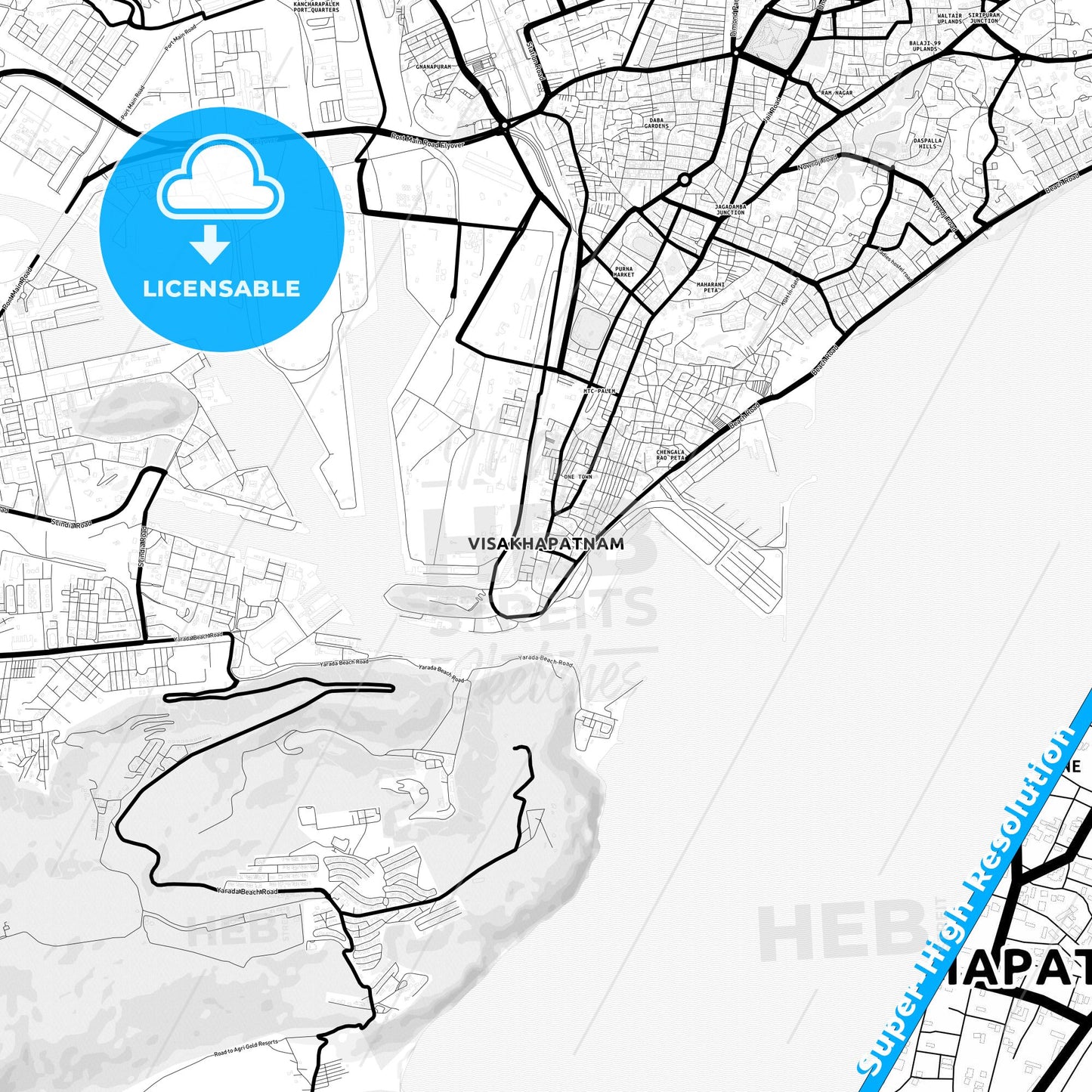 Visakhapatnam, India Light Map with Street Names, City Names, and Districts