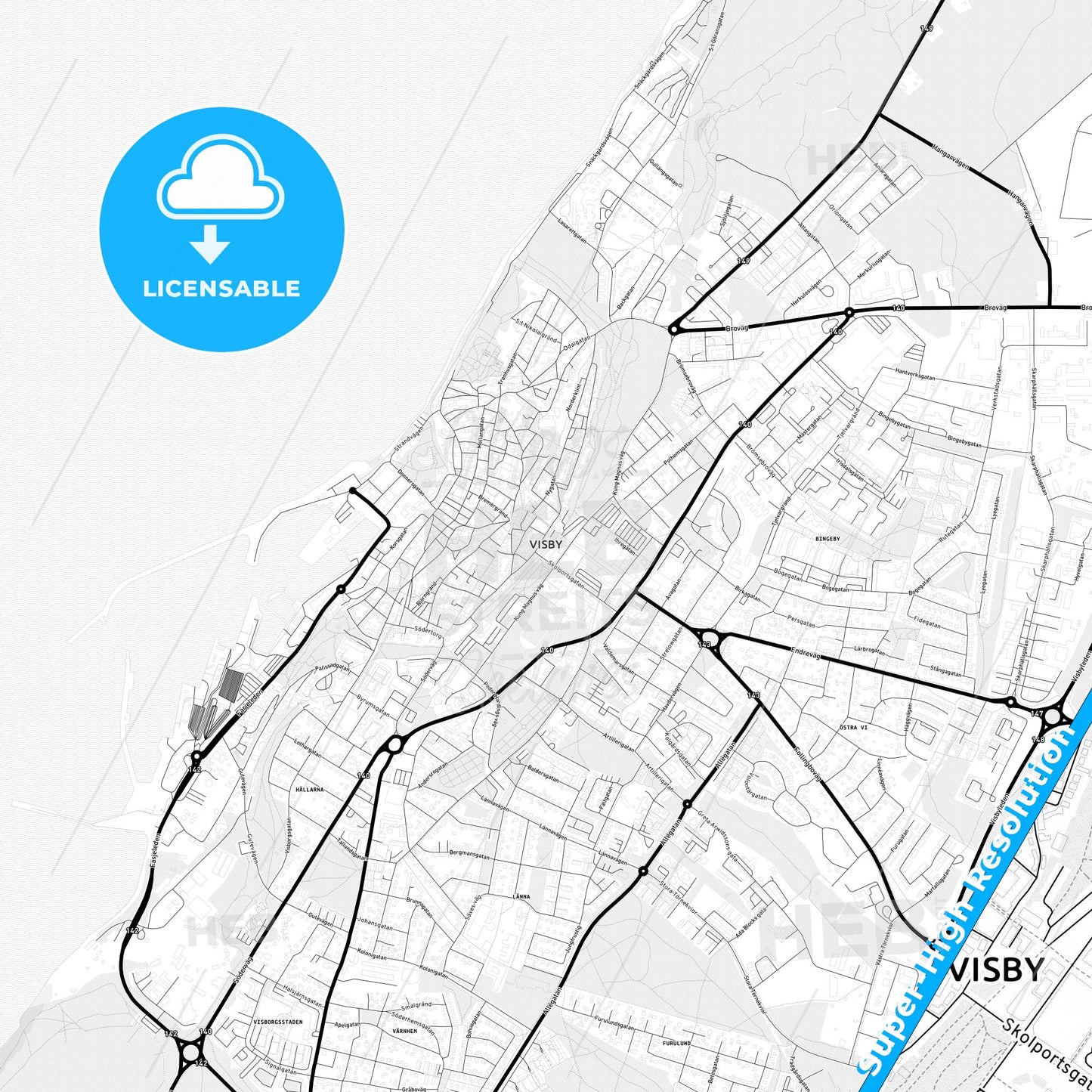 Visby, Sweden Light Map with Street Names, City Names, and Districts