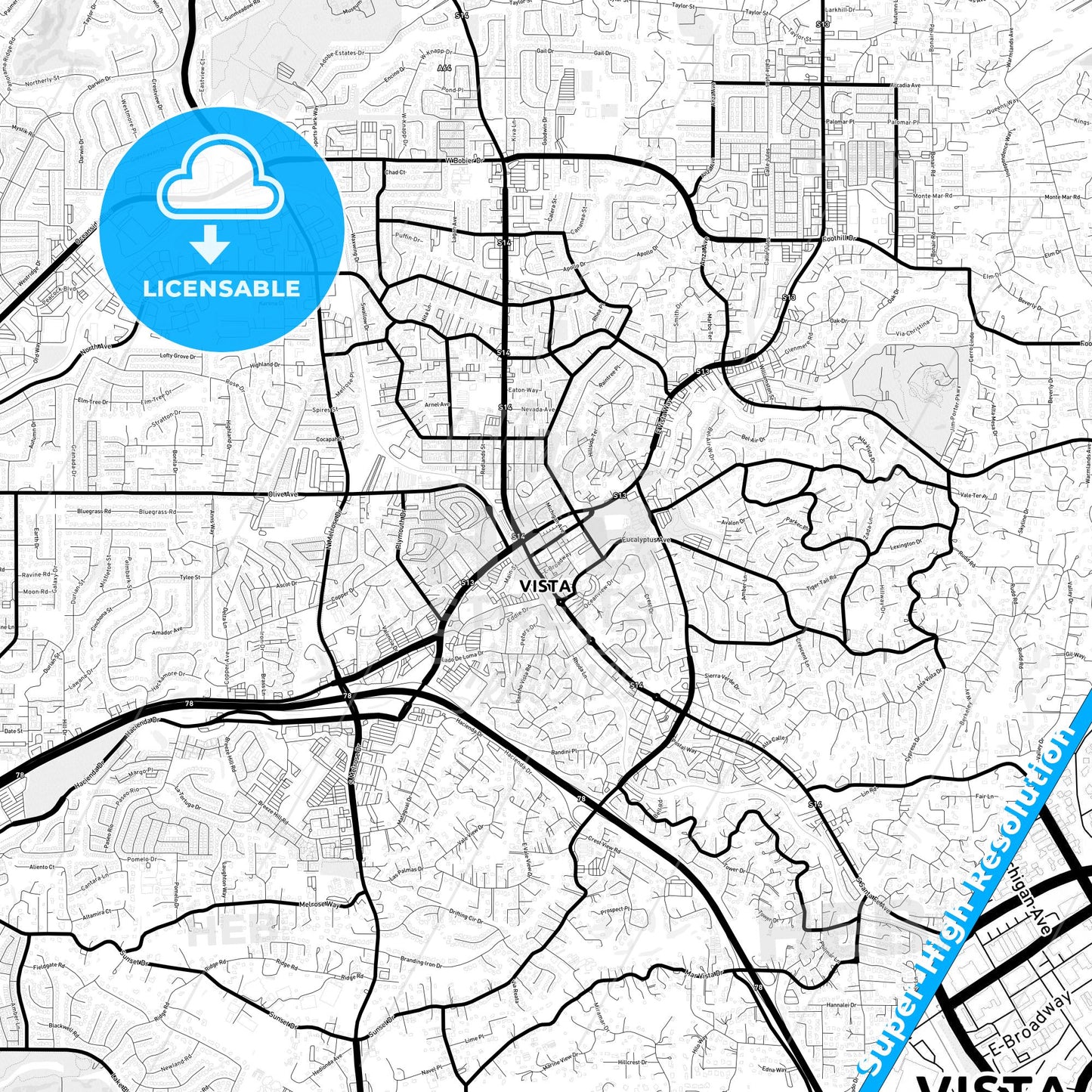 Vista, California Light Map with Street Names, City Names, and Districts