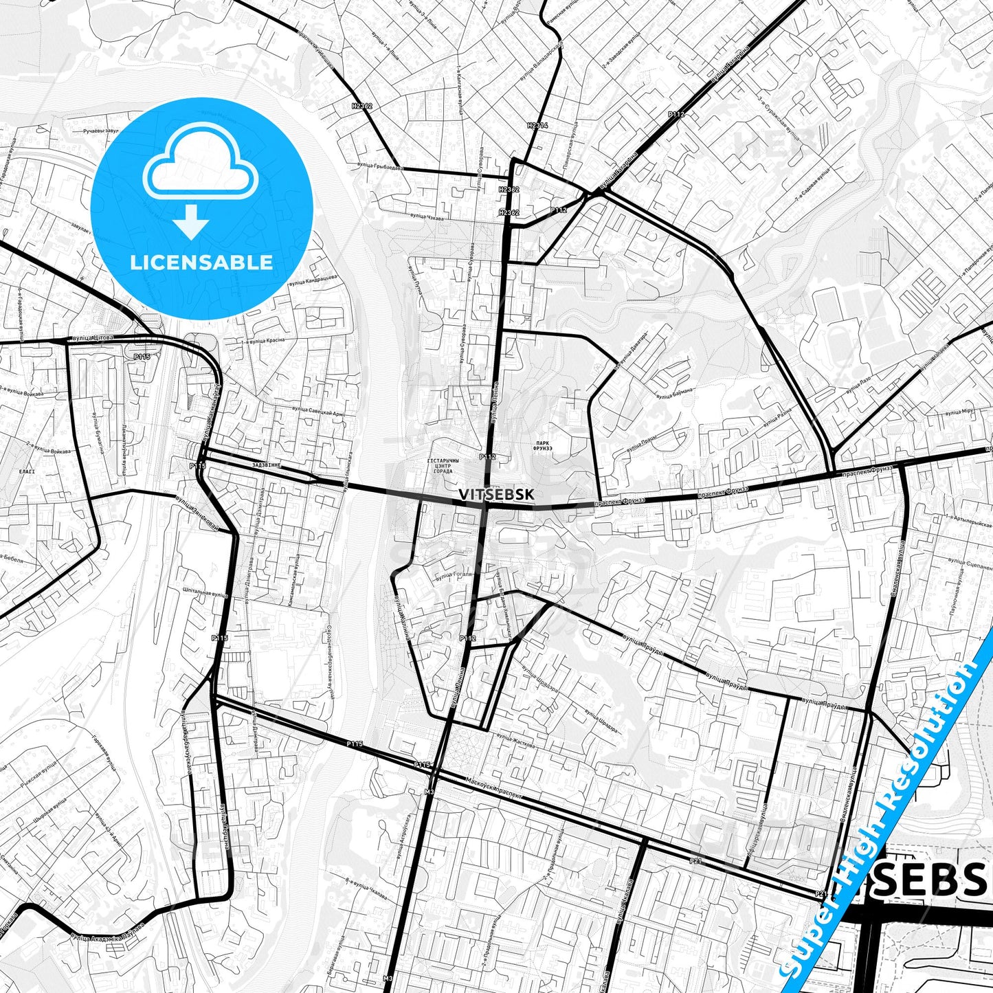 Vitebsk, Belarus Light Map with Street Names, City Names, and Districts