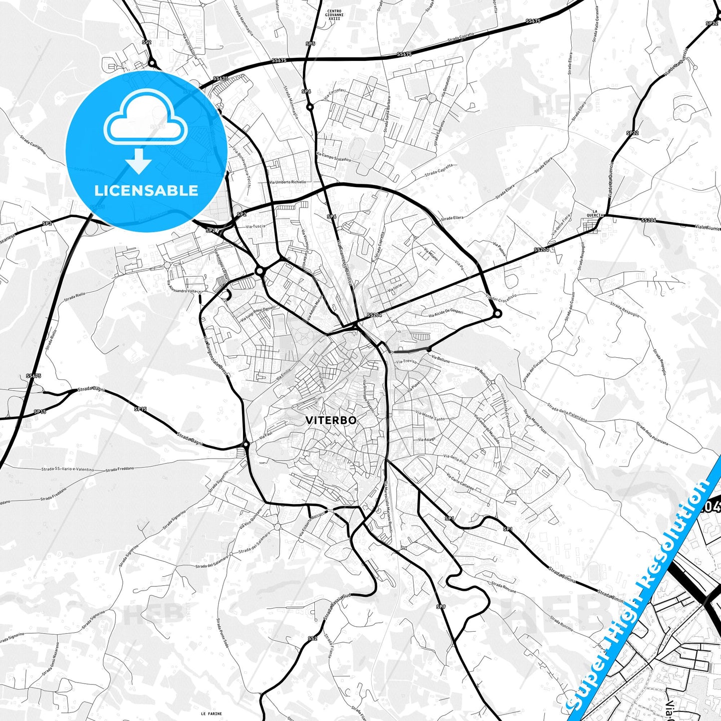 Viterbo, Italy Light Map with Street Names, City Names, and Districts