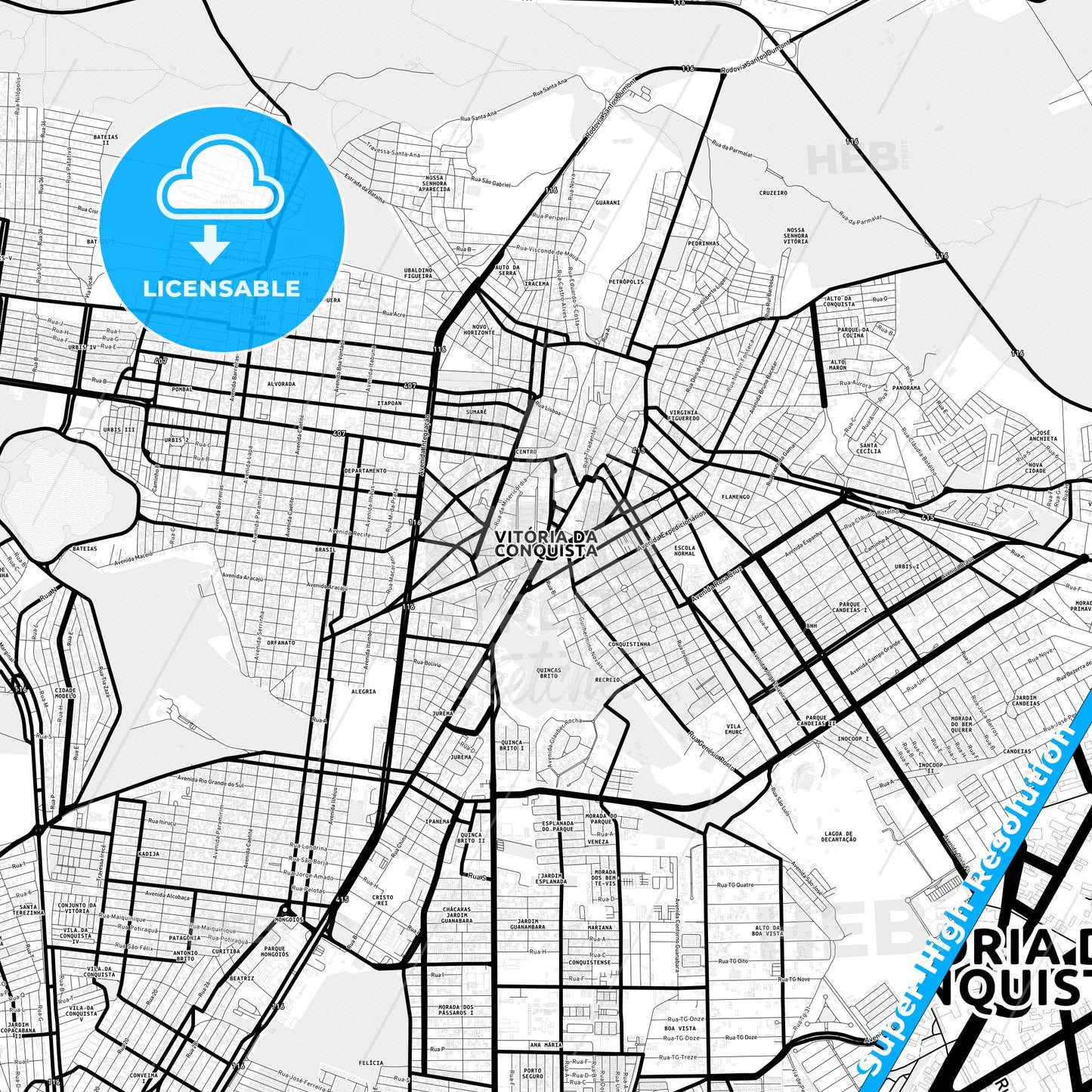 Vitoria da Conquista, Brazil Light Map with Street Names, City Names, and Districts