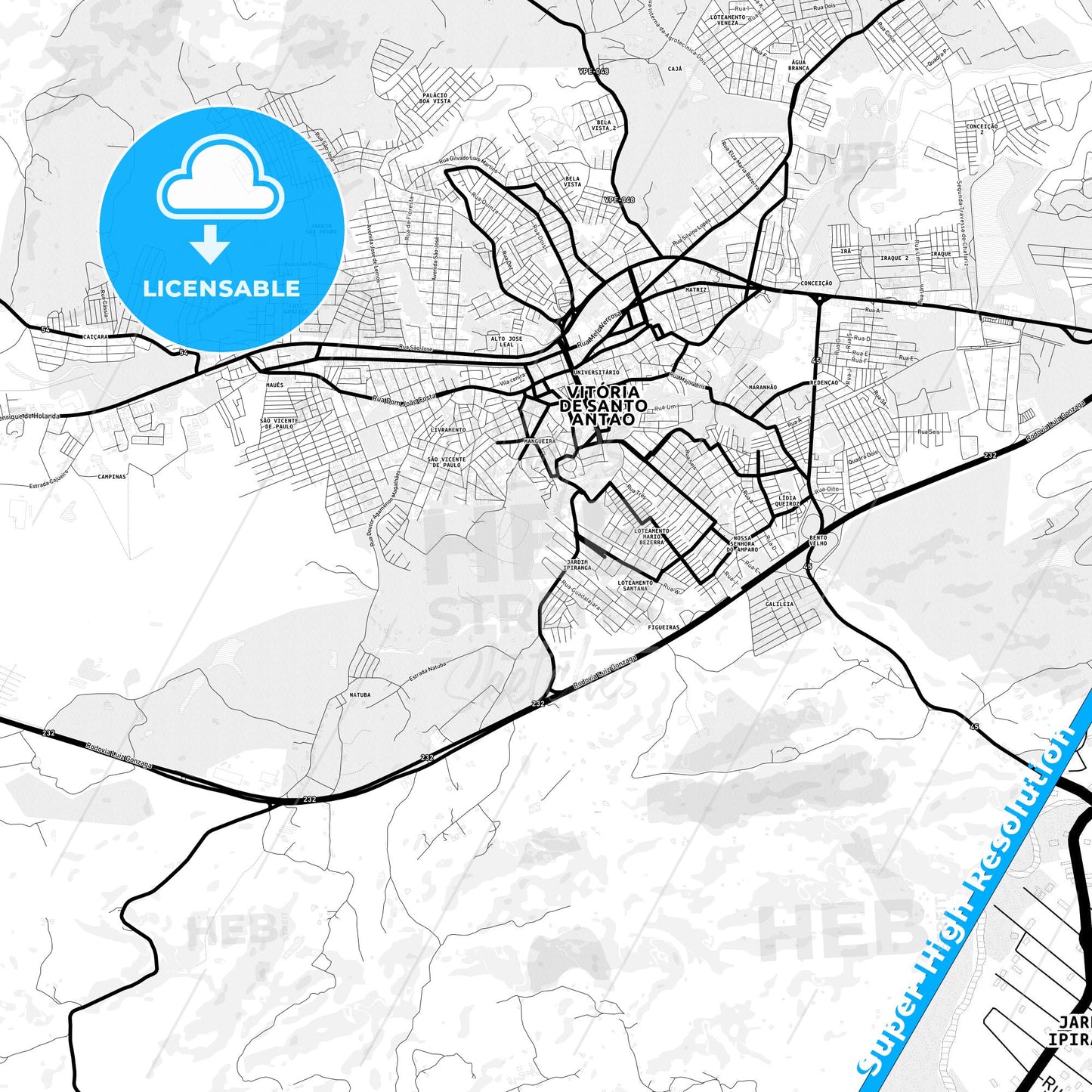 Vitoria de Santo Antao, Brazil Light Map with Street Names, City Names, and Districts