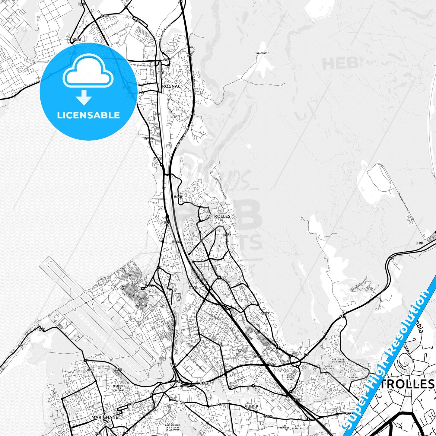 Vitrolles, France Light Map with Street Names, City Names, and Districts