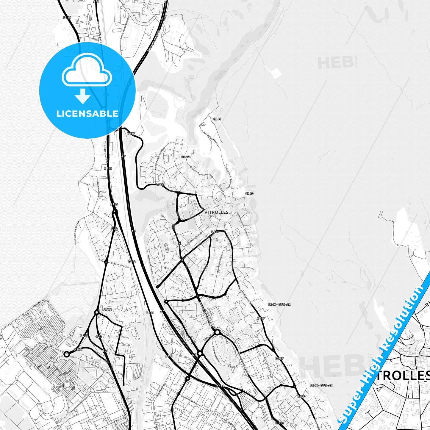 Vitrolles, France Light Map with Street Names, City Names, and Districts