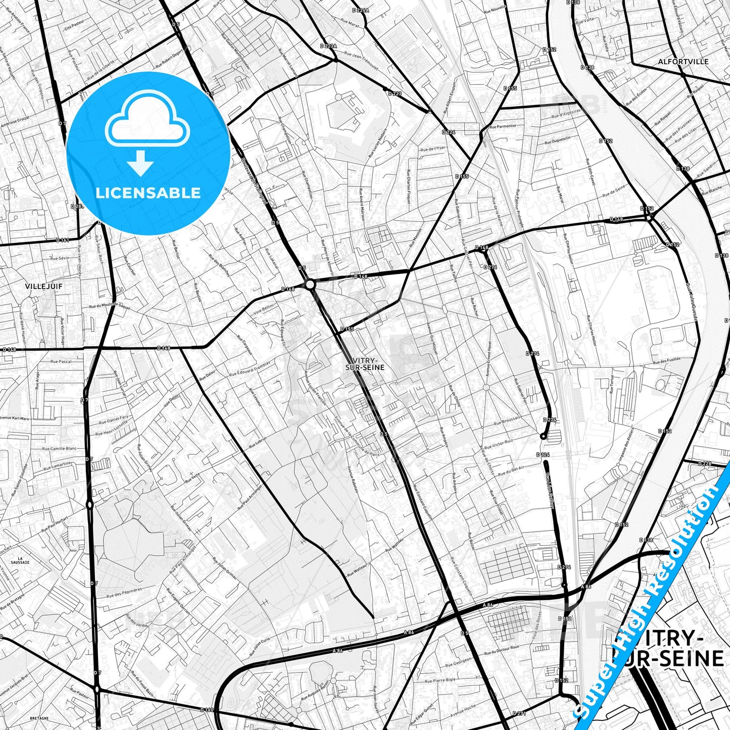 Vitry-sur-Seine, France Light Map with Street Names, City Names, and Districts