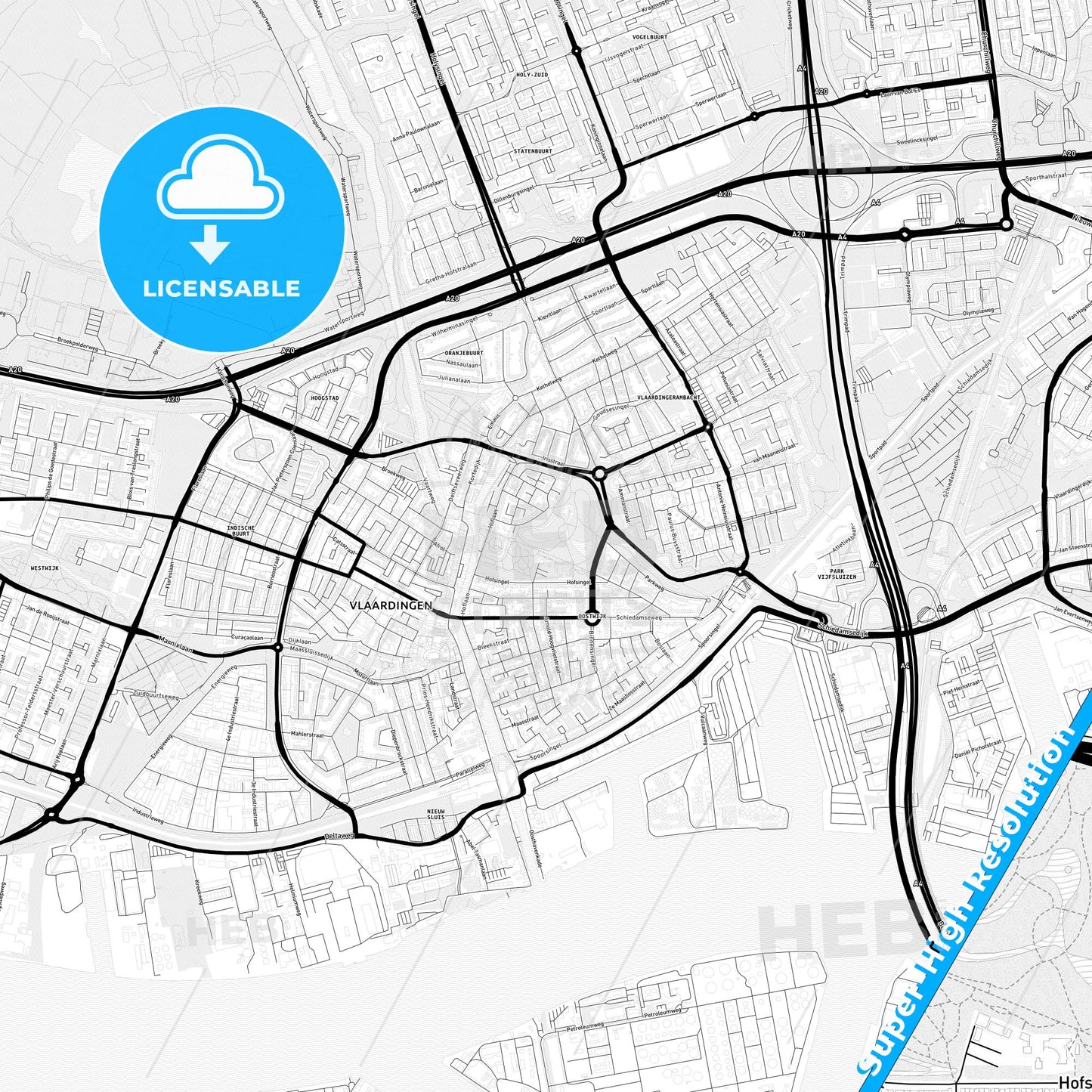 Vlaardingen, Netherlands Light Map with Street Names, City Names, and Districts