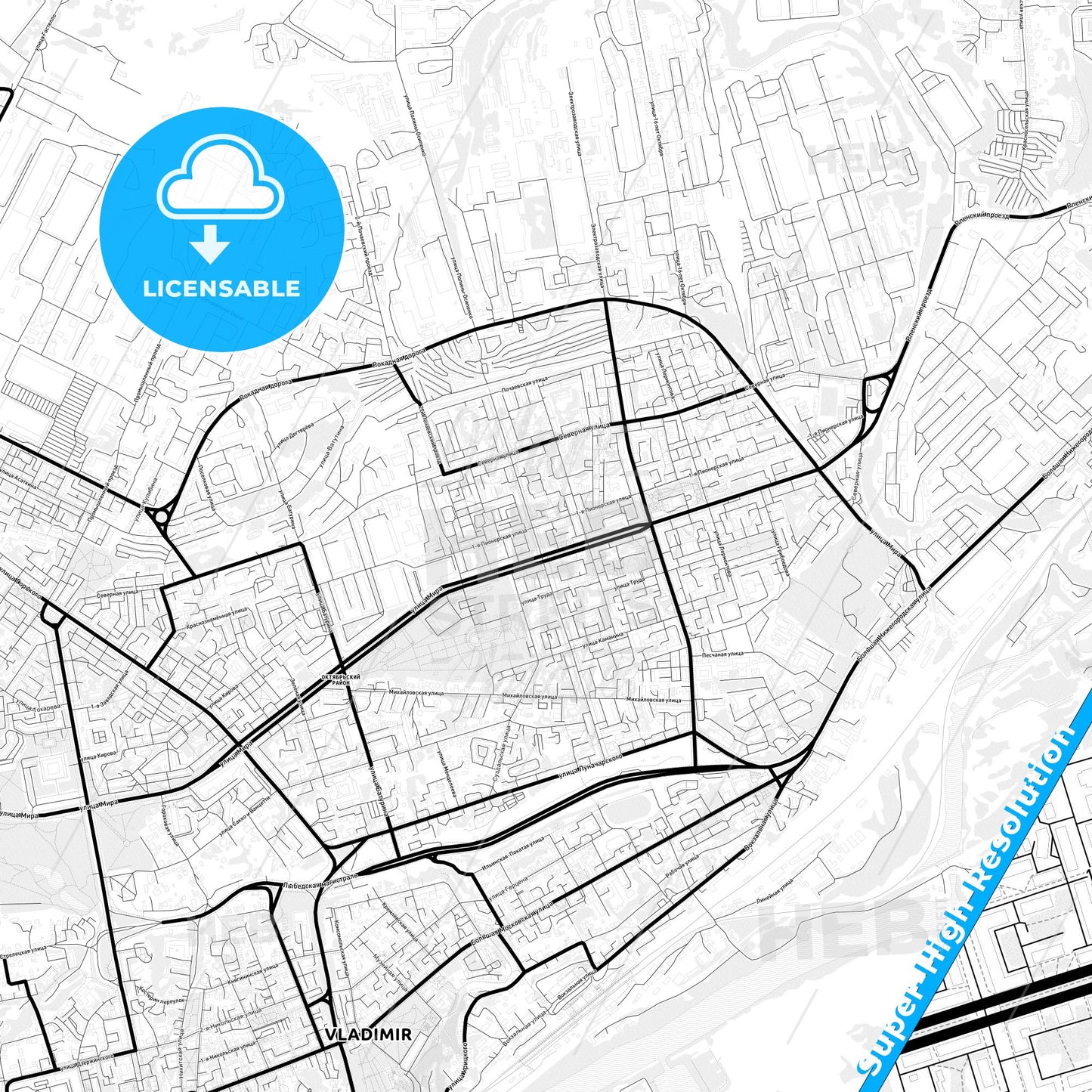 Vladimir, Russia Light Map with Street Names, City Names, and Districts