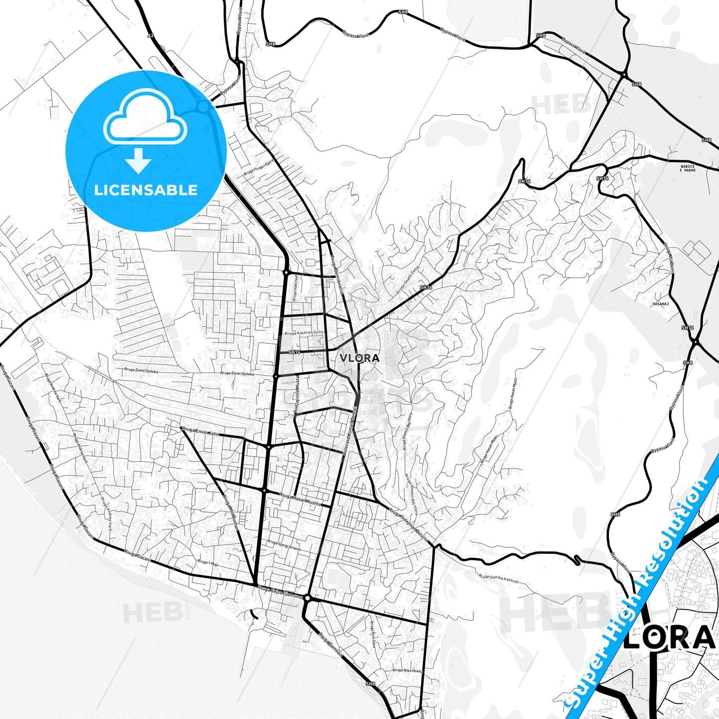 Vlorë, Albania Light Map with Street Names, City Names, and Districts