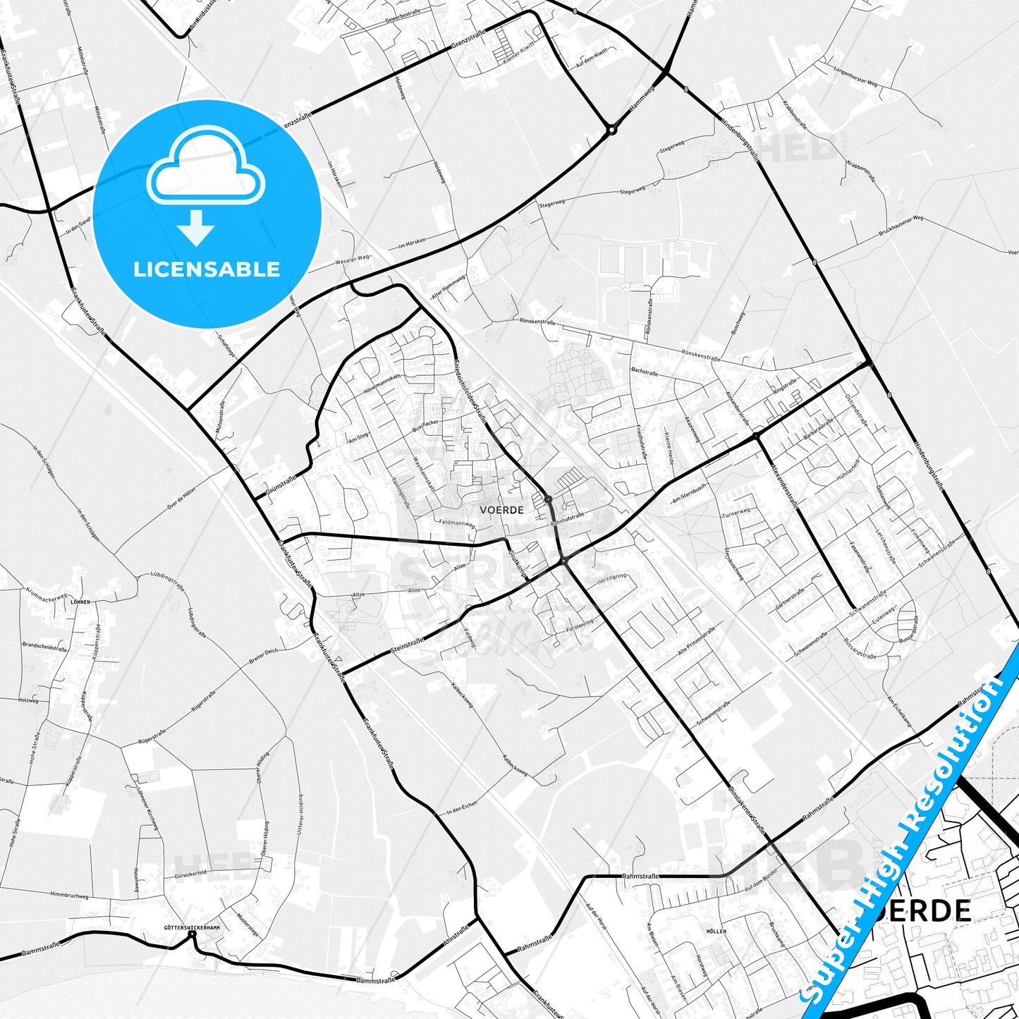 Voerde (Niederrhein), Germany Light Map with Street Names, City Names, and Districts
