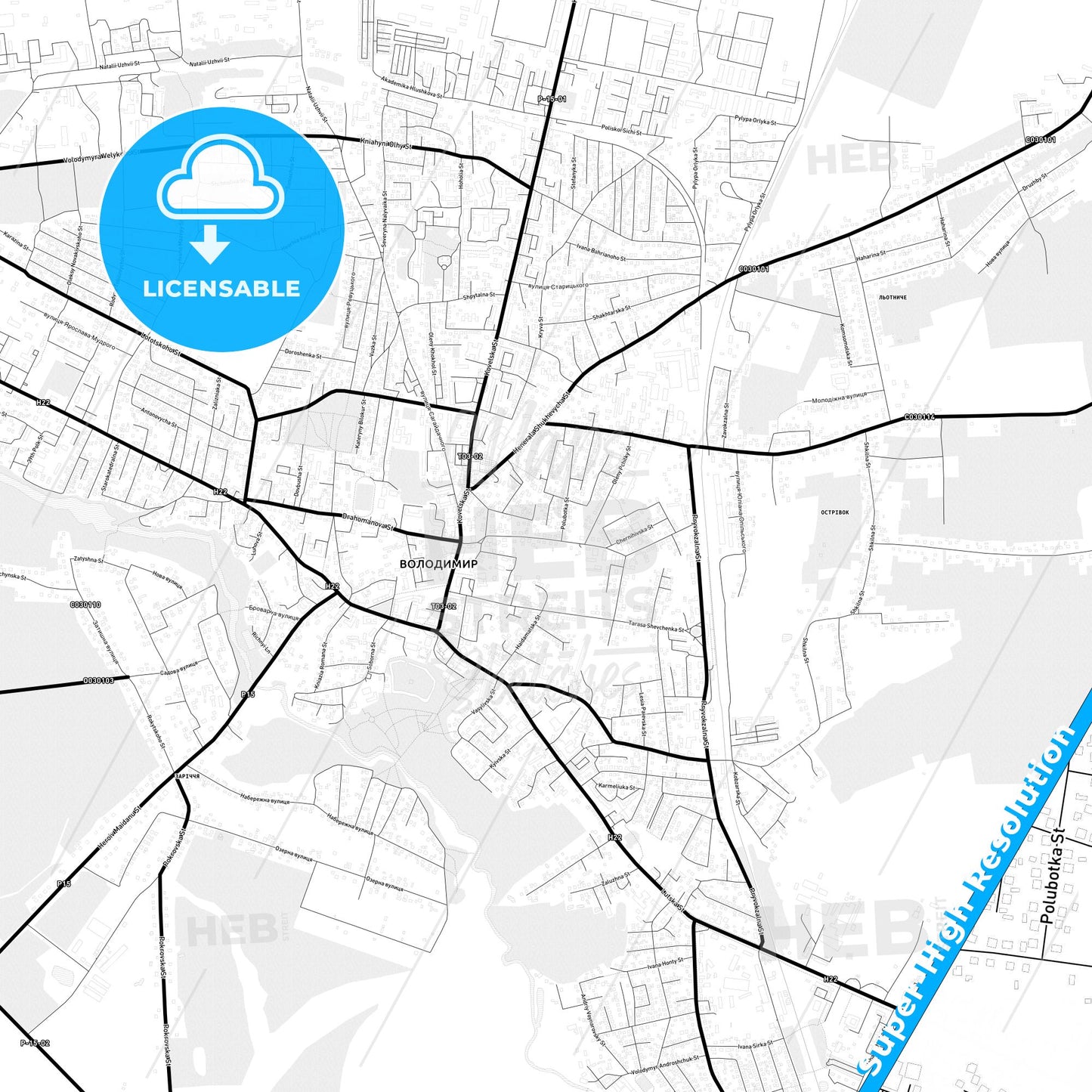 Volodymyr-Volynskyi, Ukraine Light Map with Street Names, City Names, and Districts