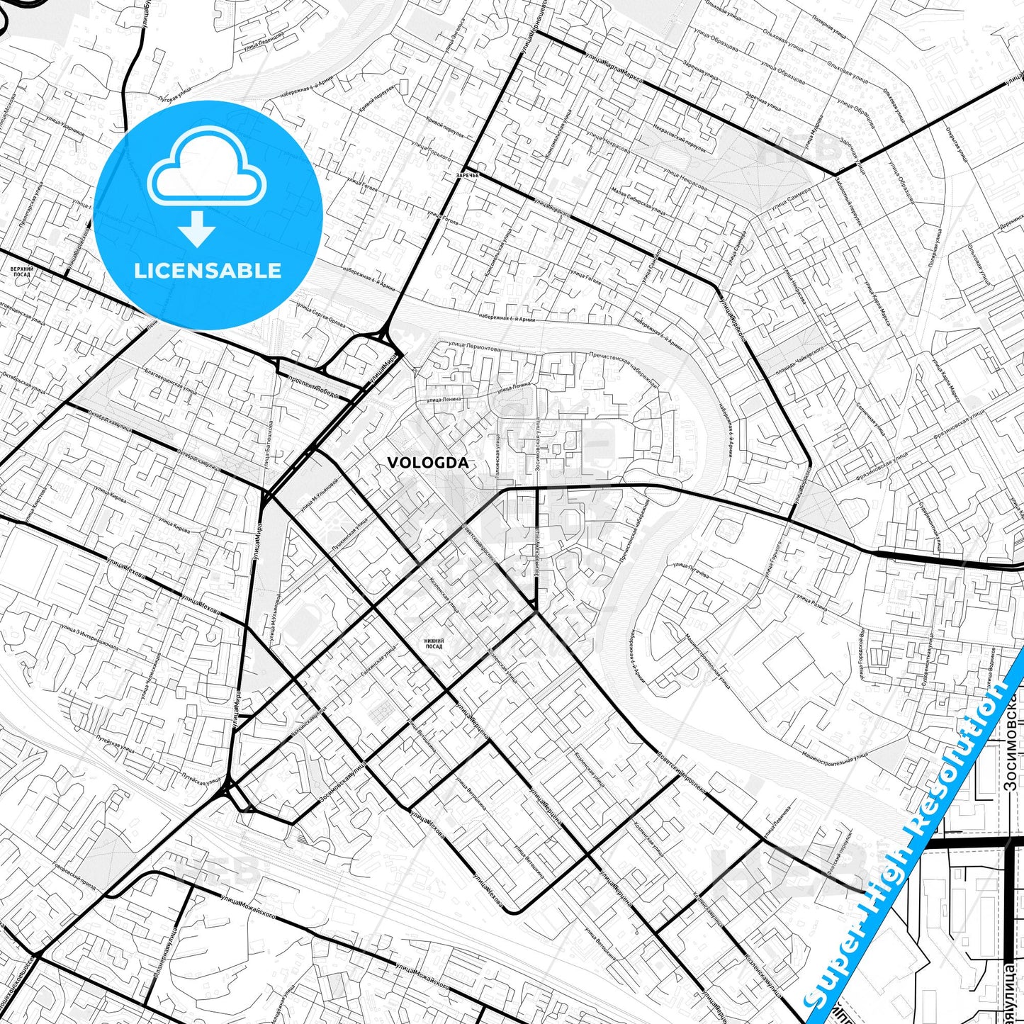 Vologda, Russia Light Map with Street Names, City Names, and Districts