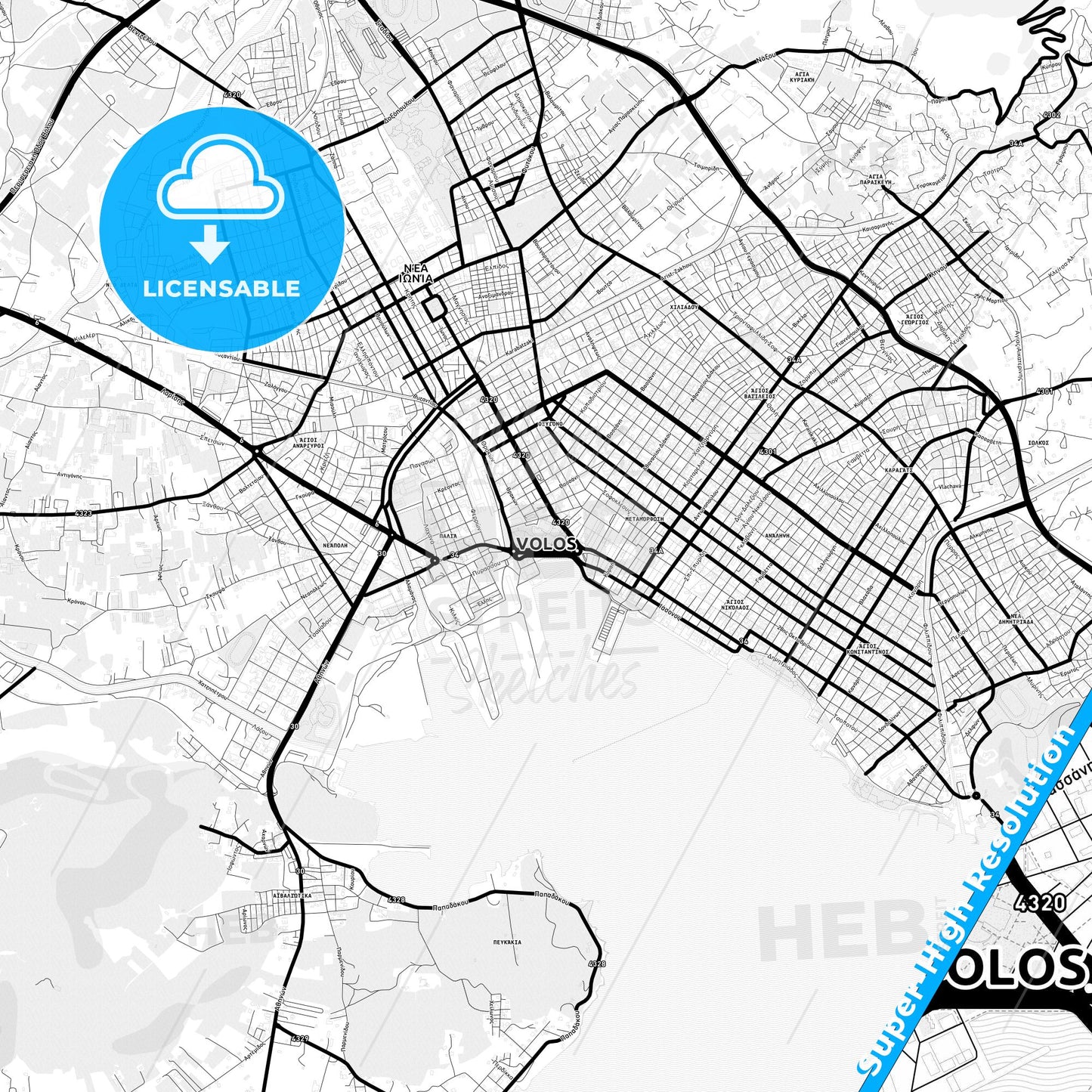 Volos, Greece Light Map with Street Names, City Names, and Districts