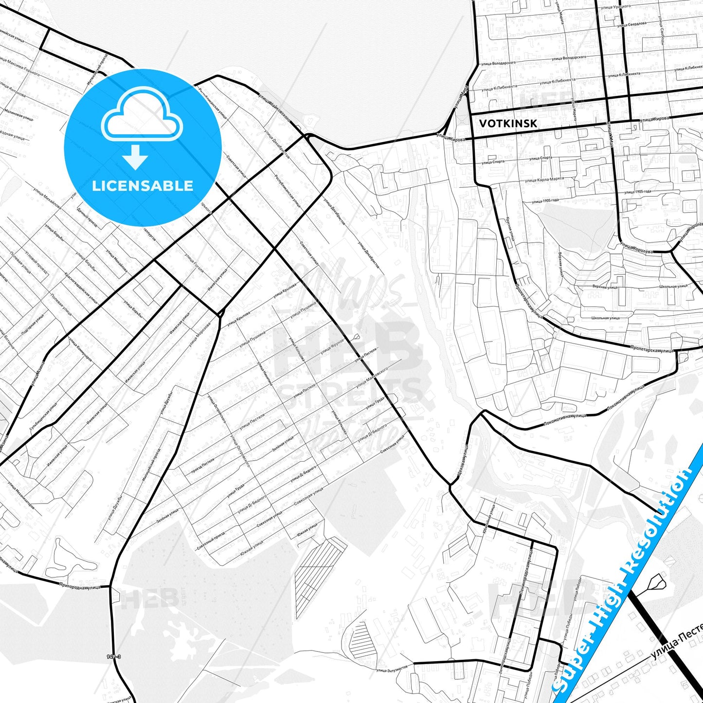 Votkinsk, Russia Light Map with Street Names, City Names, and Districts