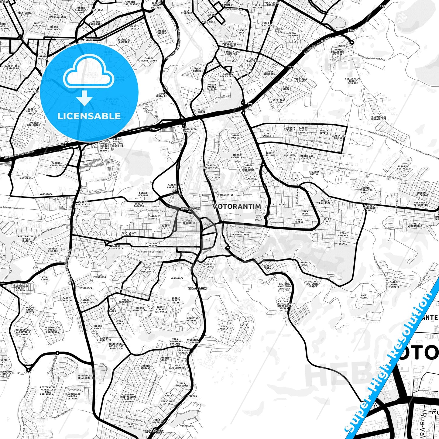 Votorantim, Brazil Light Map with Street Names, City Names, and Districts