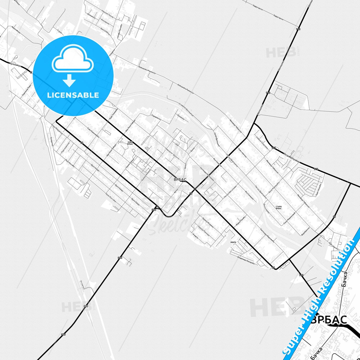 Vrbas, Serbia Light Map with Street Names, City Names, and Districts
