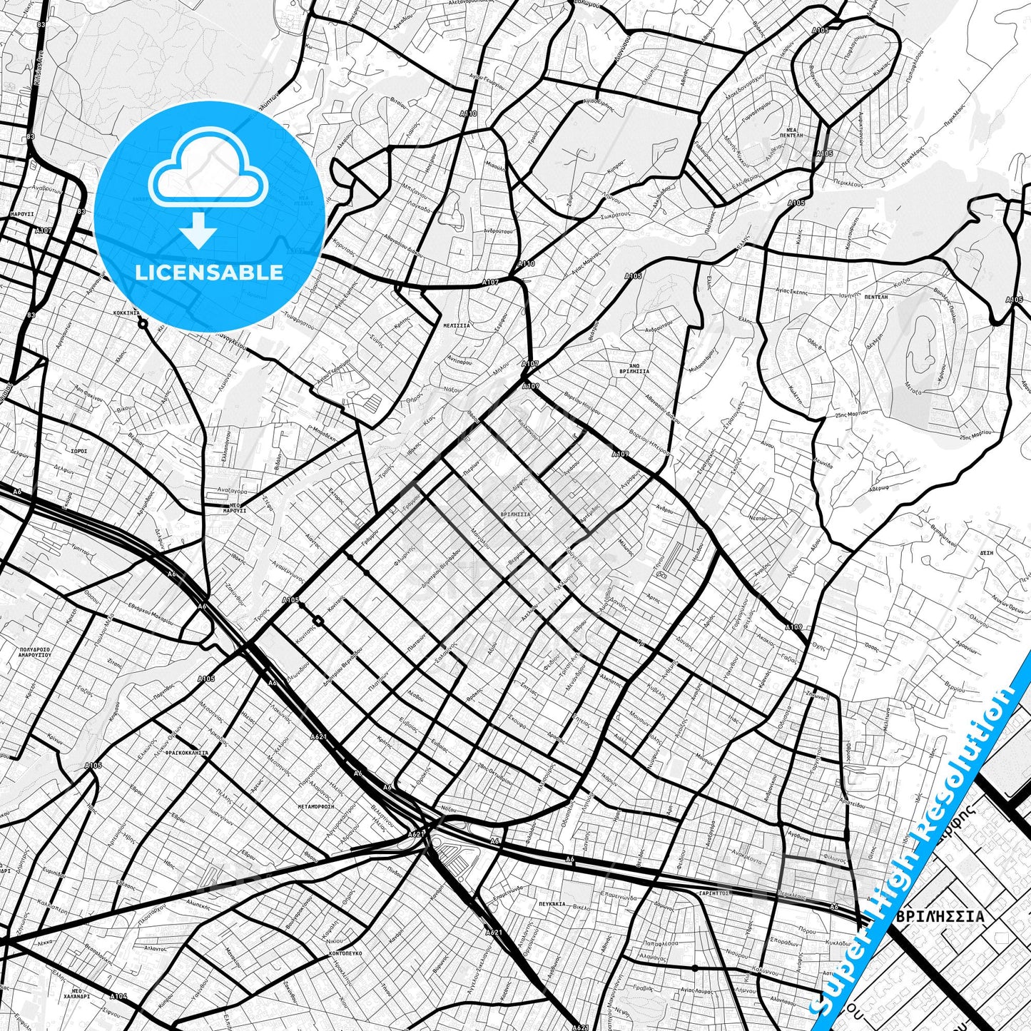 Vrilissia, Greece Light Map with Street Names, City Names, and Districts