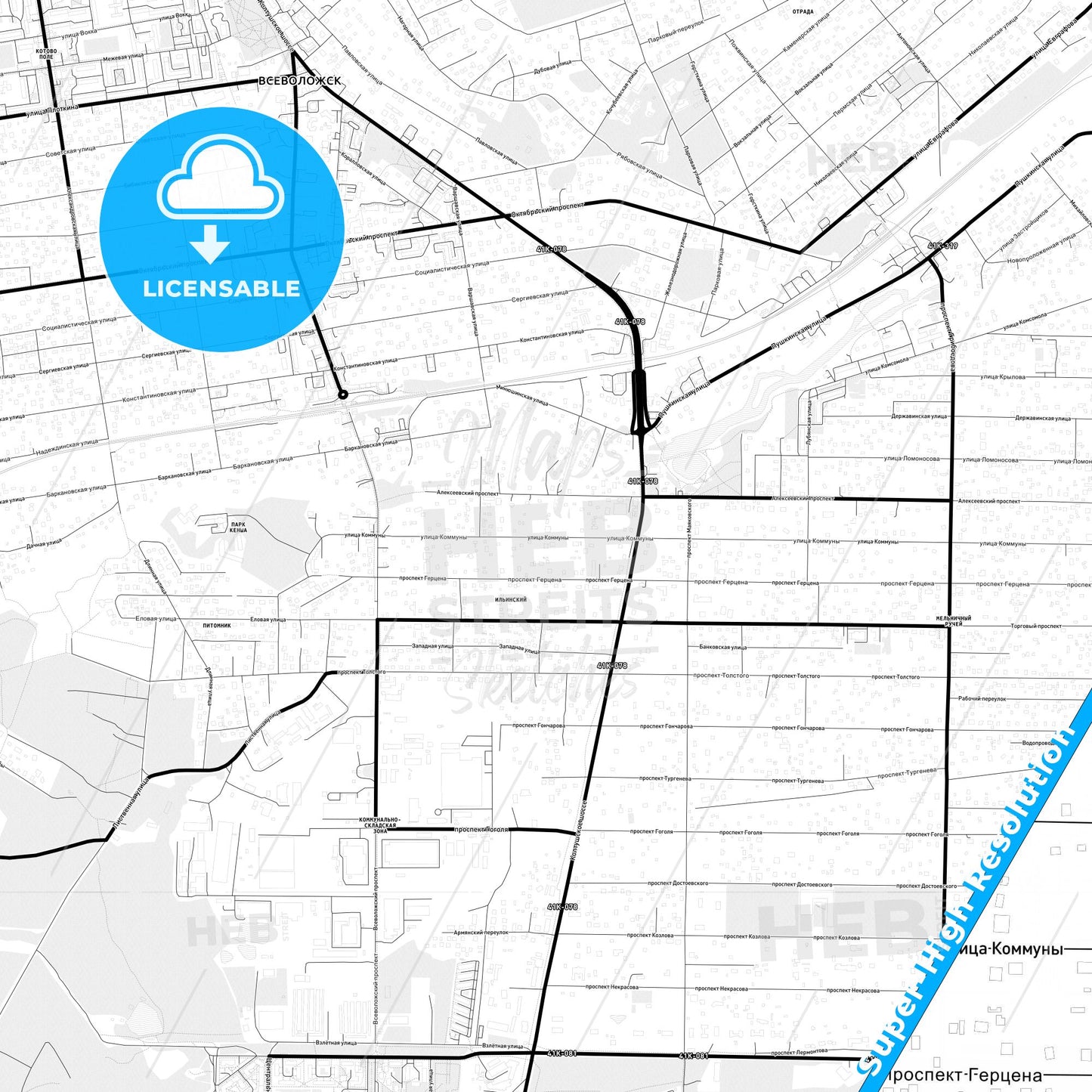 Vsevolozhsk, Russia Light Map with Street Names, City Names, and Districts