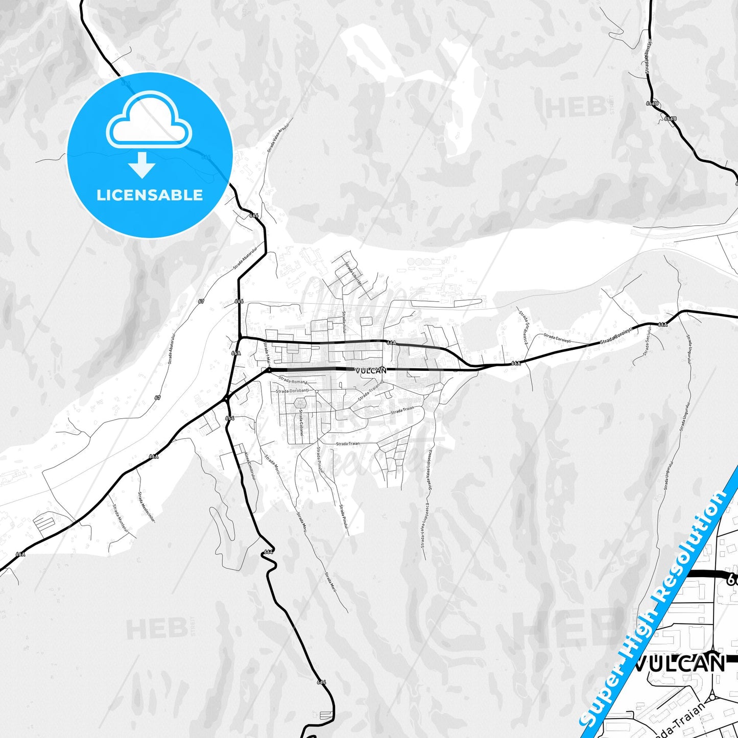 Vulcan, Romania Light Map with Street Names, City Names, and Districts