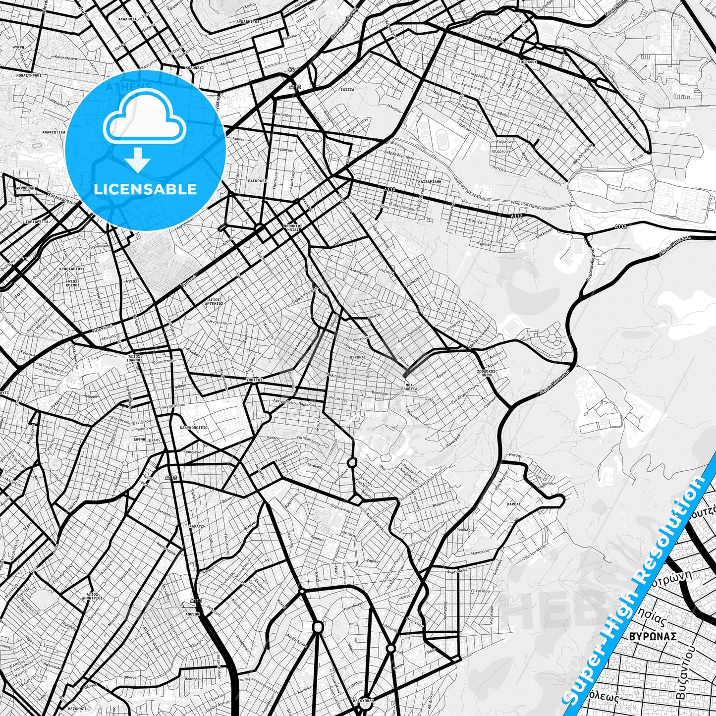 Vyronas, Greece Light Map with Street Names, City Names, and Districts