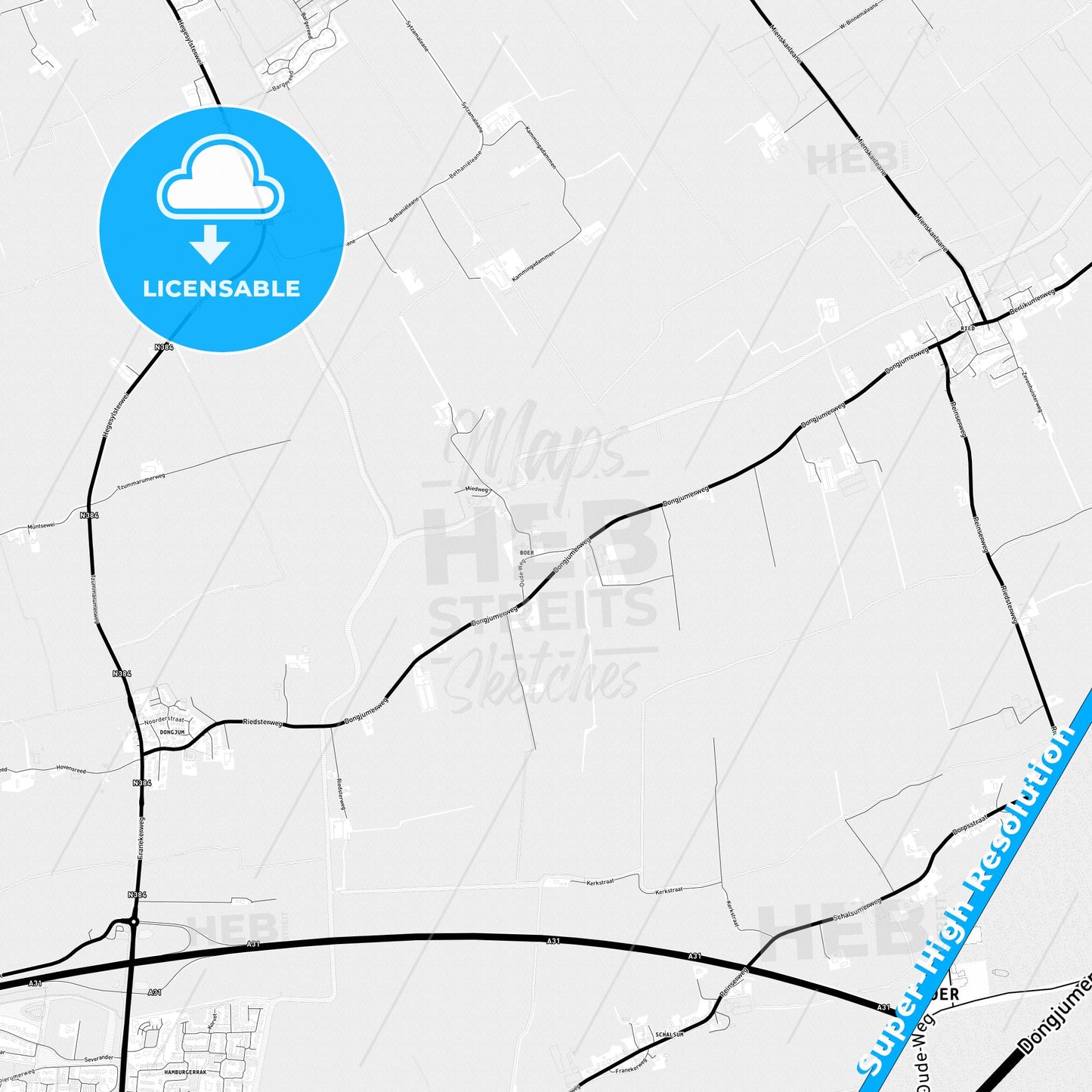Waadhoeke, Netherlands Light Map with Street Names, City Names, and Districts