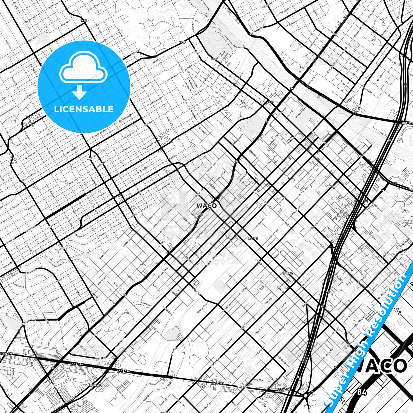 Waco, Texas Light Map with Street Names, City Names, and Districts