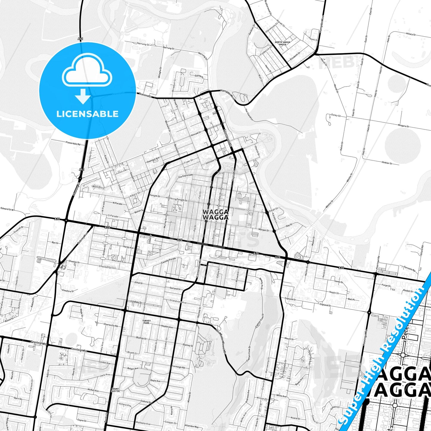 Wagga Wagga, Australia Light Map with Street Names, City Names, and Districts