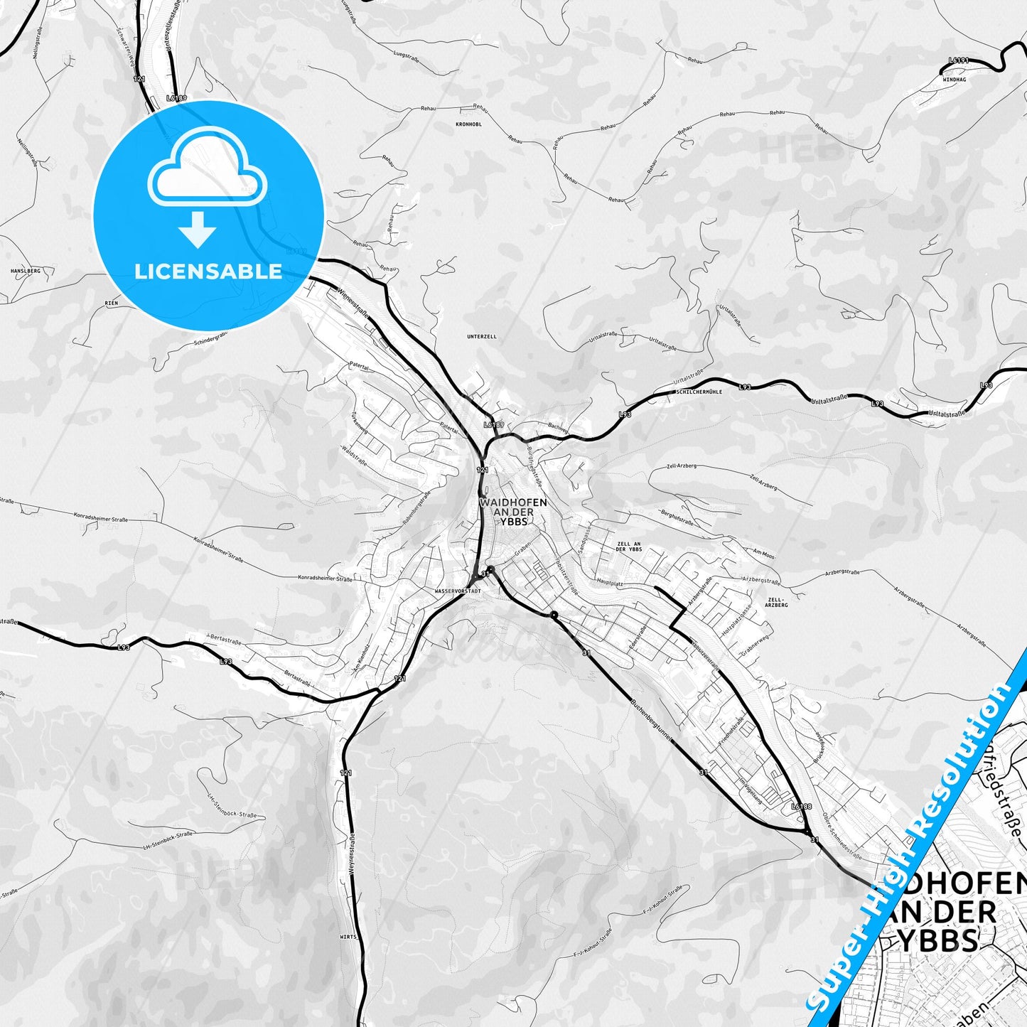 Waidhofen, Austria Light Map with Street Names, City Names, and Districts