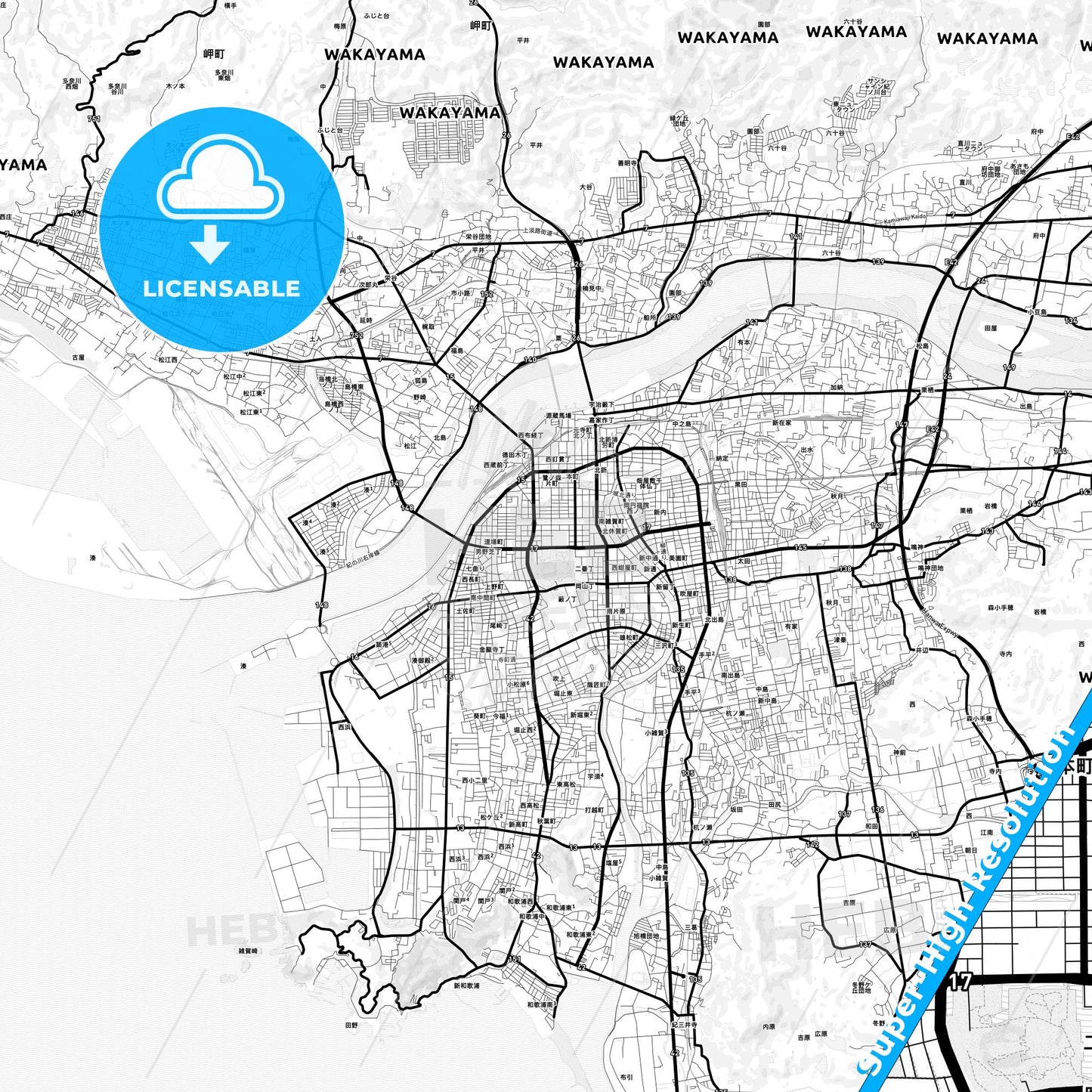 Wakayama, Japan Light Map with Street Names, City Names, and Districts