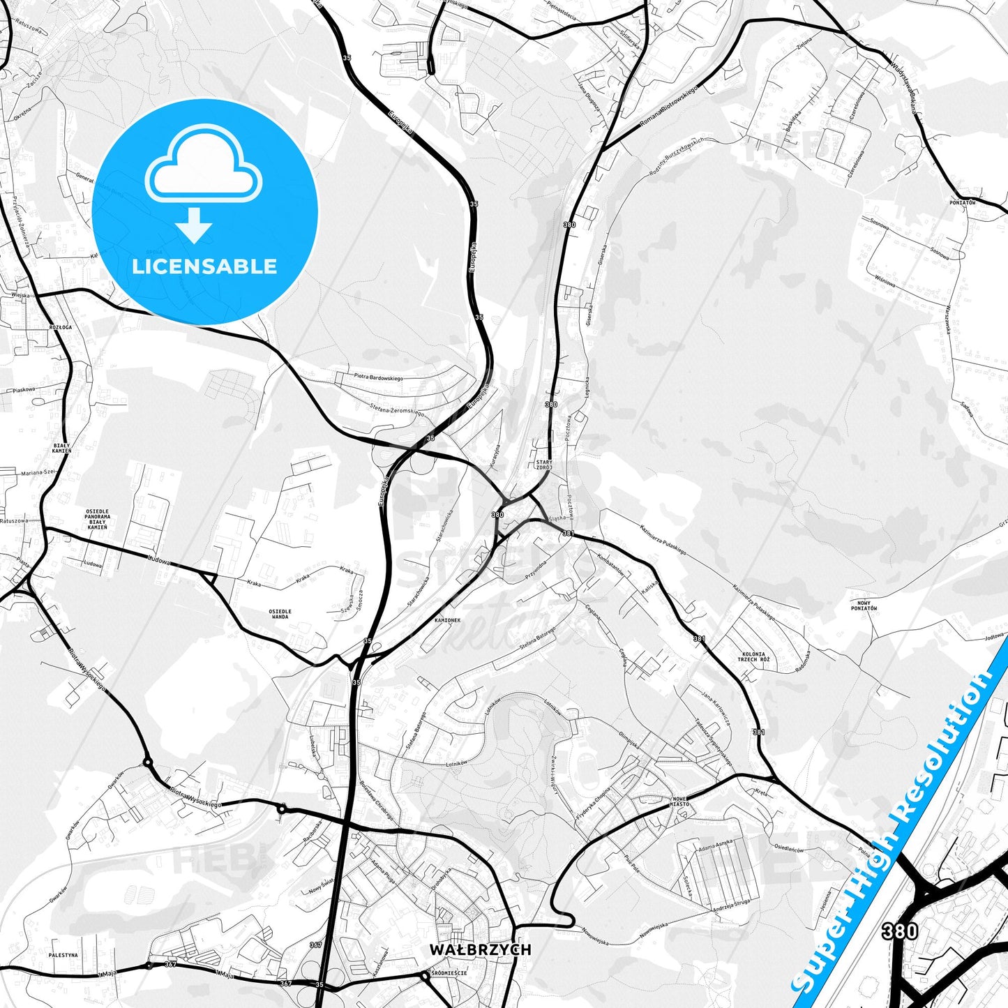 Wałbrzych, Poland Light Map with Street Names, City Names, and Districts