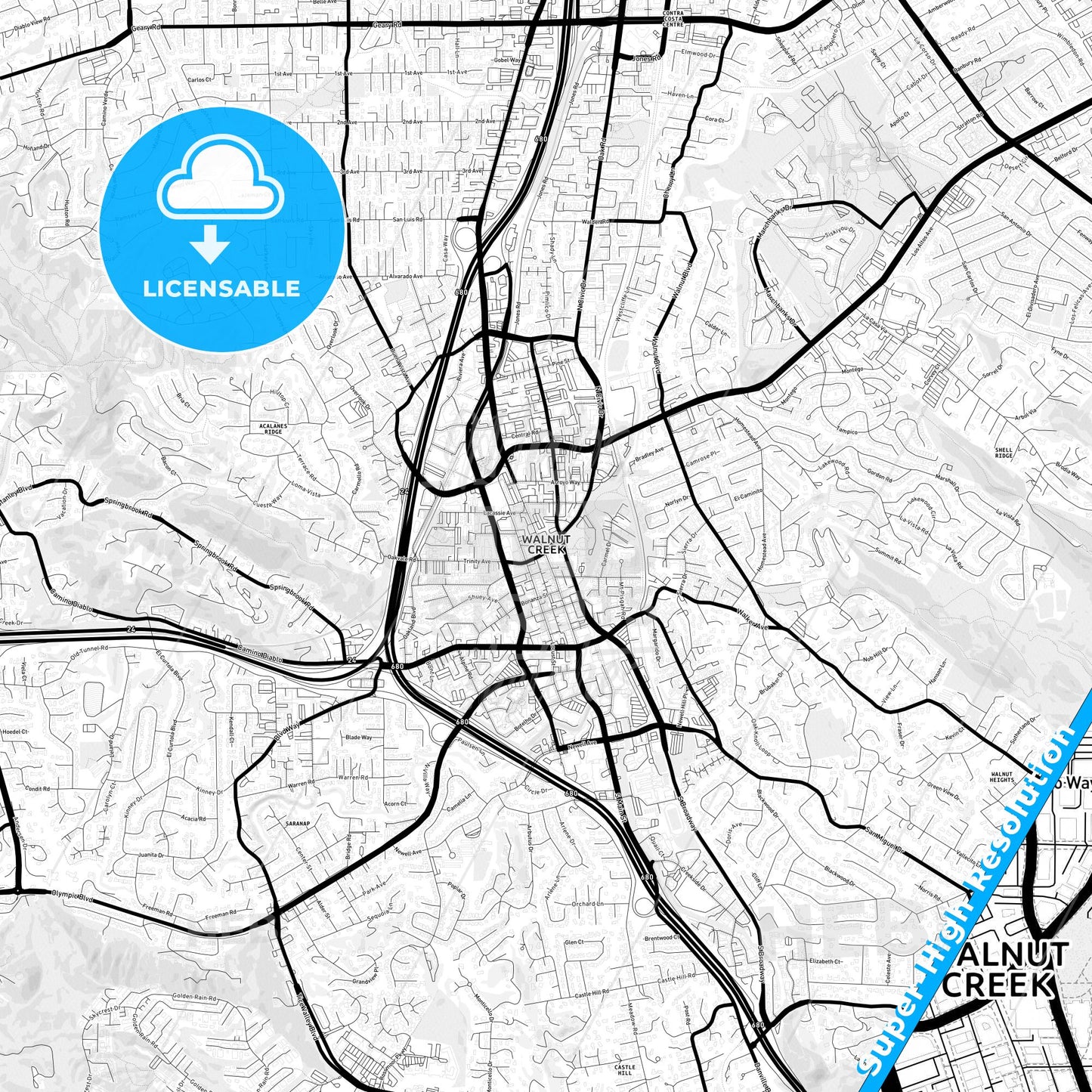Walnut Creek, California Light Map with Street Names, City Names, and Districts