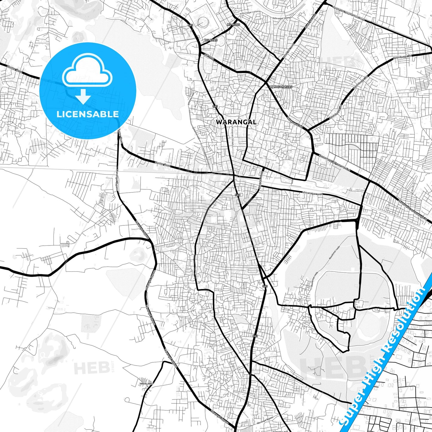 Warangal, India Light Map with Street Names, City Names, and Districts