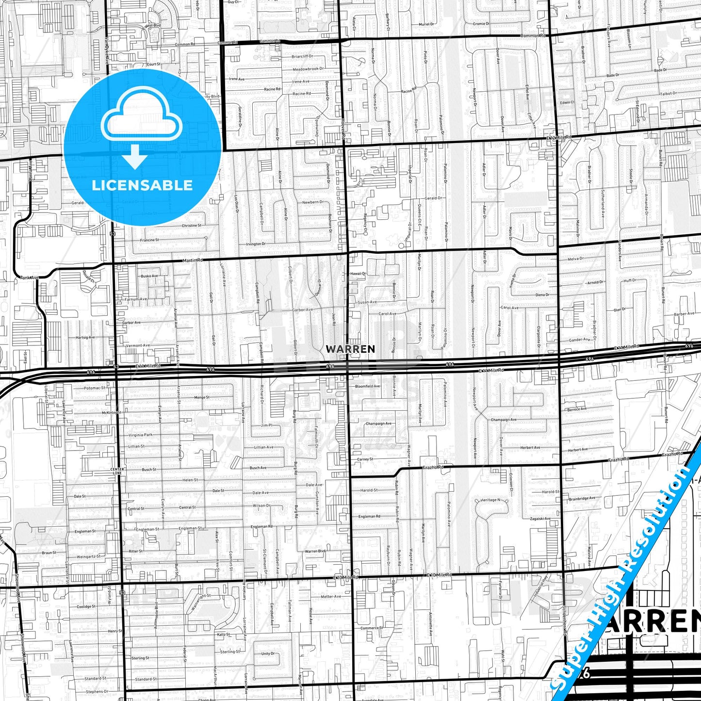 Warren, Michigan Light Map with Street Names, City Names, and Districts