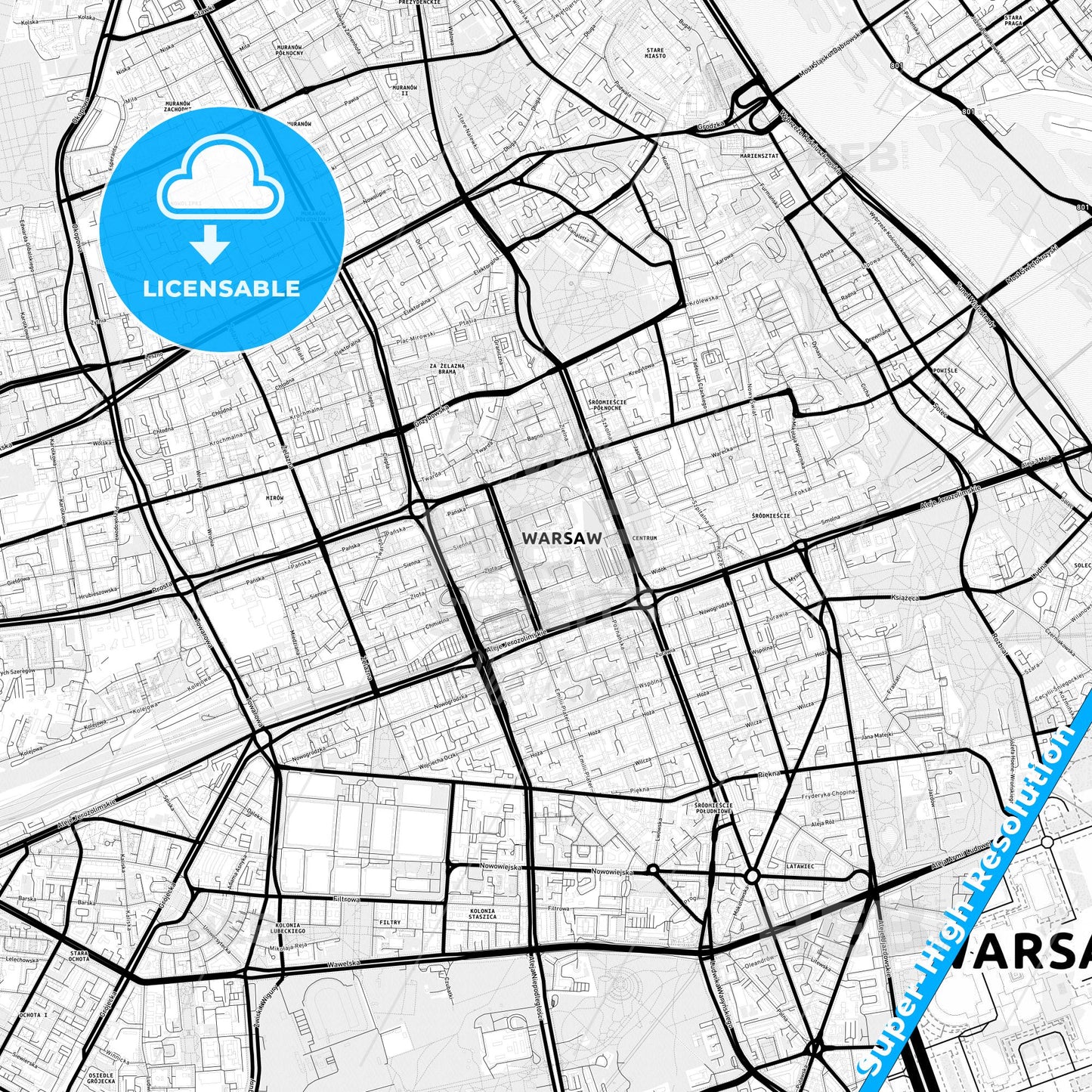 Warsaw, Poland Light Map with Street Names, City Names, and Districts