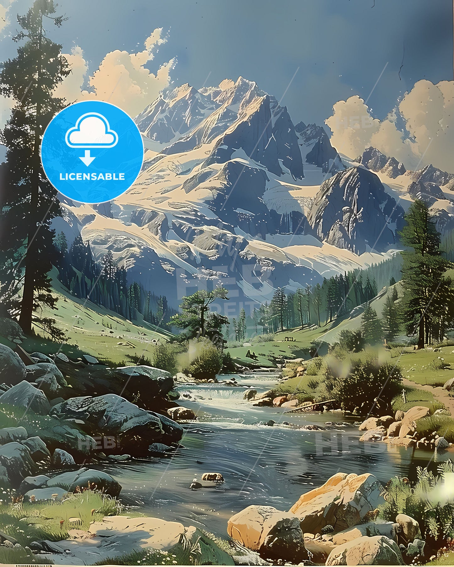 Enchanting Hand-Painted Scenic Artwork Depicting a Serene Valley with Winding River, Majestic Mountains, and Verdant Trees
