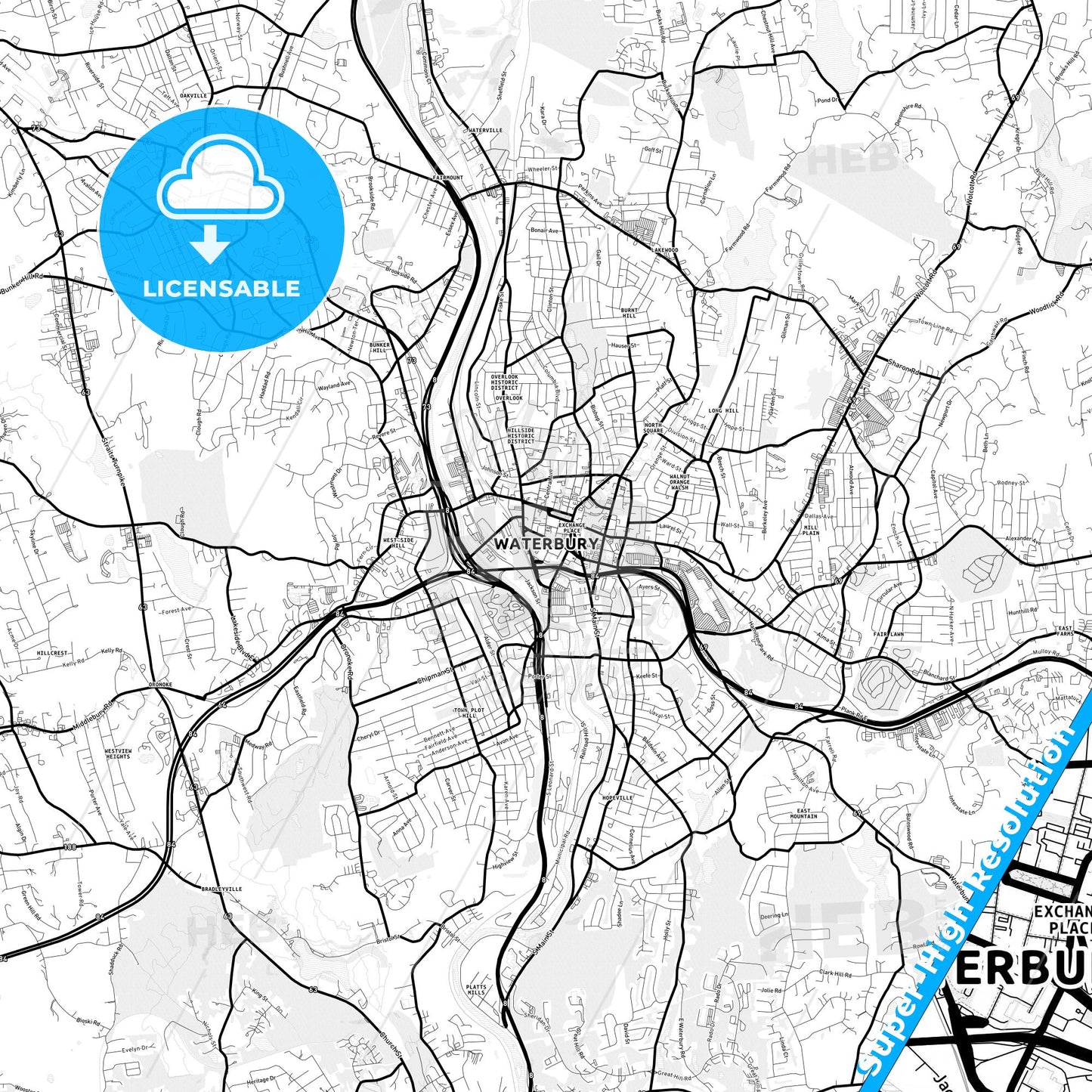 Waterbury, Connecticut Light Map with Street Names, City Names, and Districts