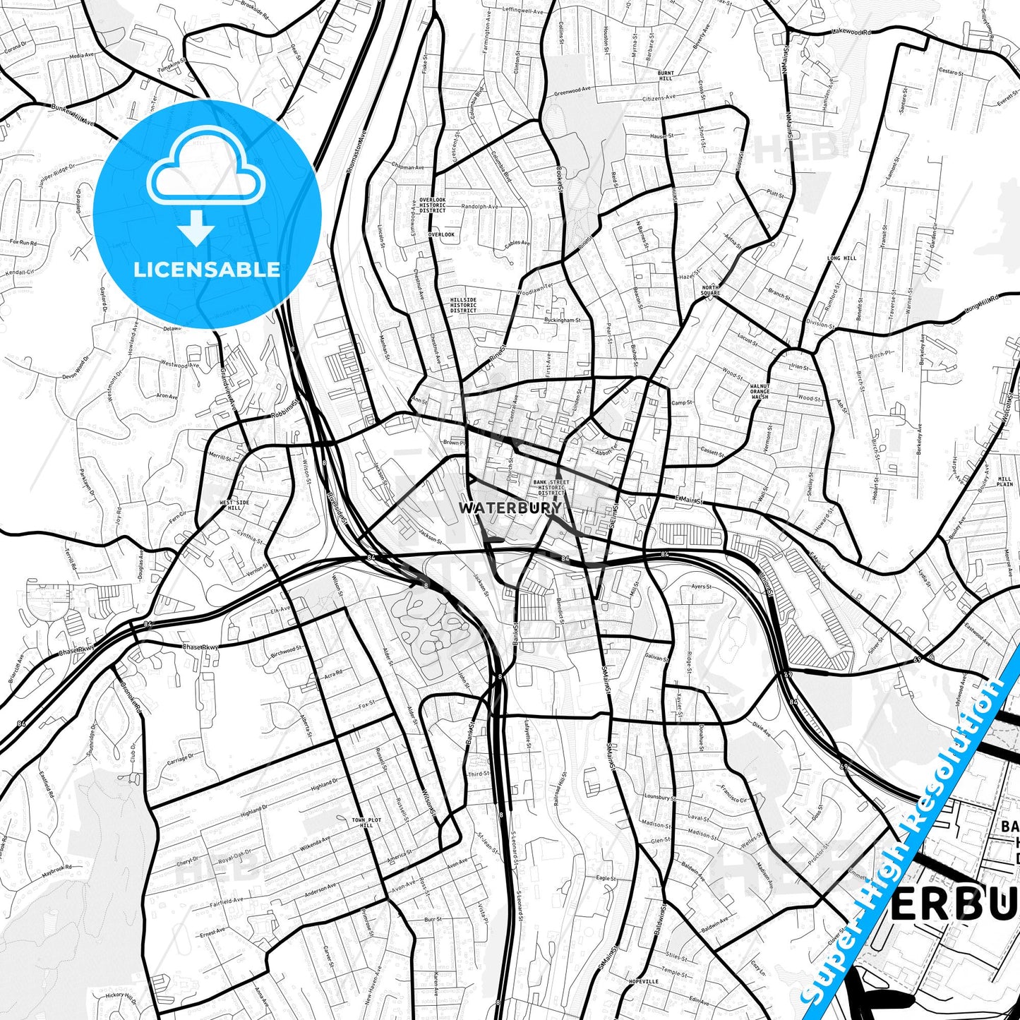 Waterbury, Connecticut Light Map with Street Names, City Names, and Districts