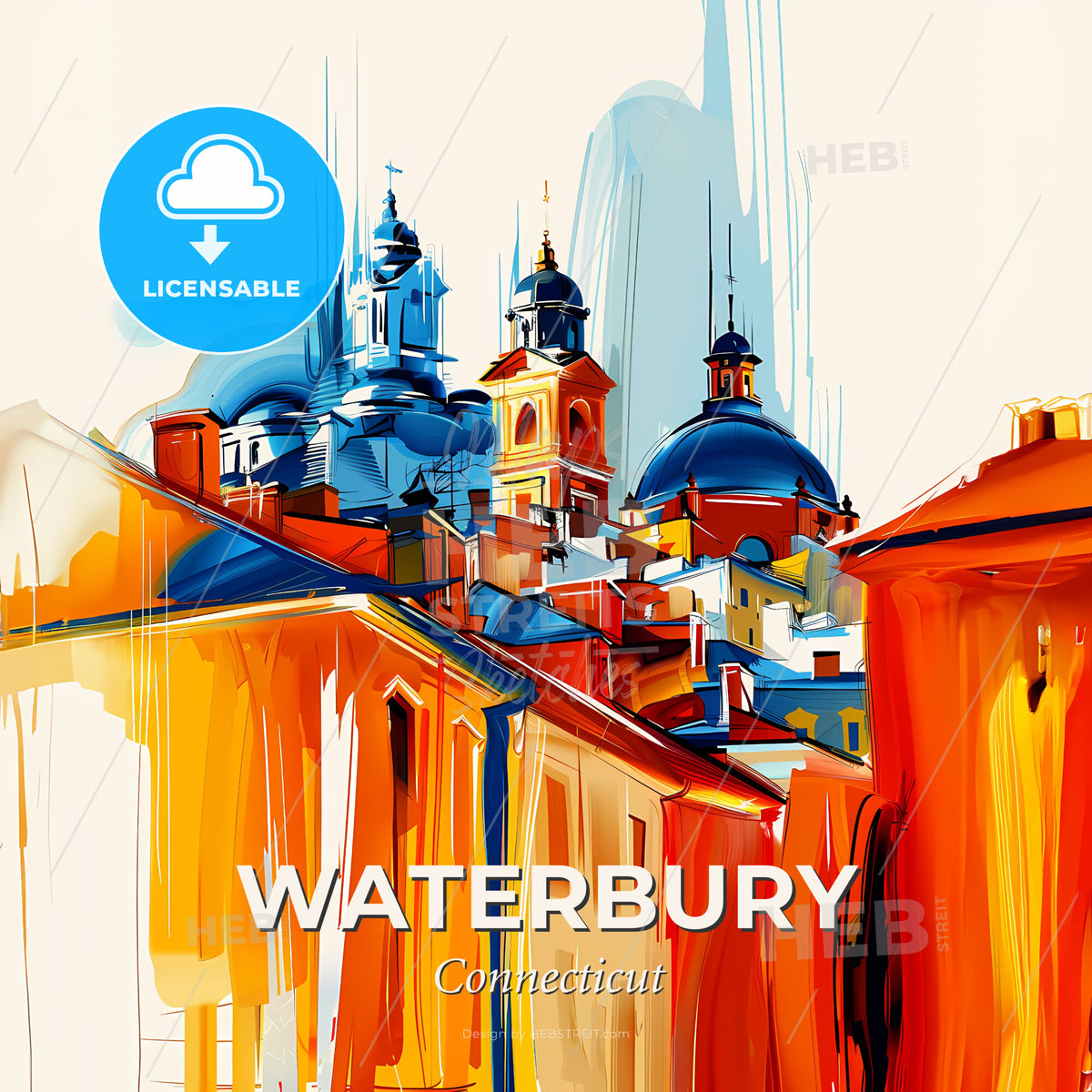 Vibrant Waterbury, Connecticut - A Colorful Cityscape With Buildings And Towers - Square format print template