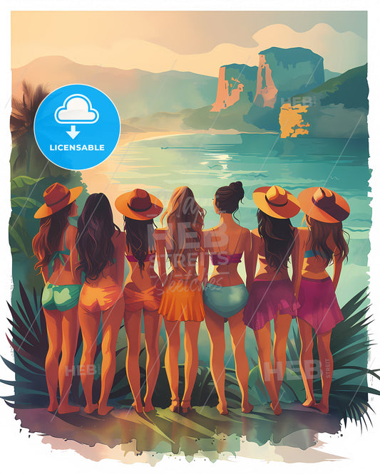 Multiethnic Bachelorette Party at Beach: Beautiful Young Women in Sundresses, Celebrating, with Long Hair, Hats | Vibrant Art Clipart on White