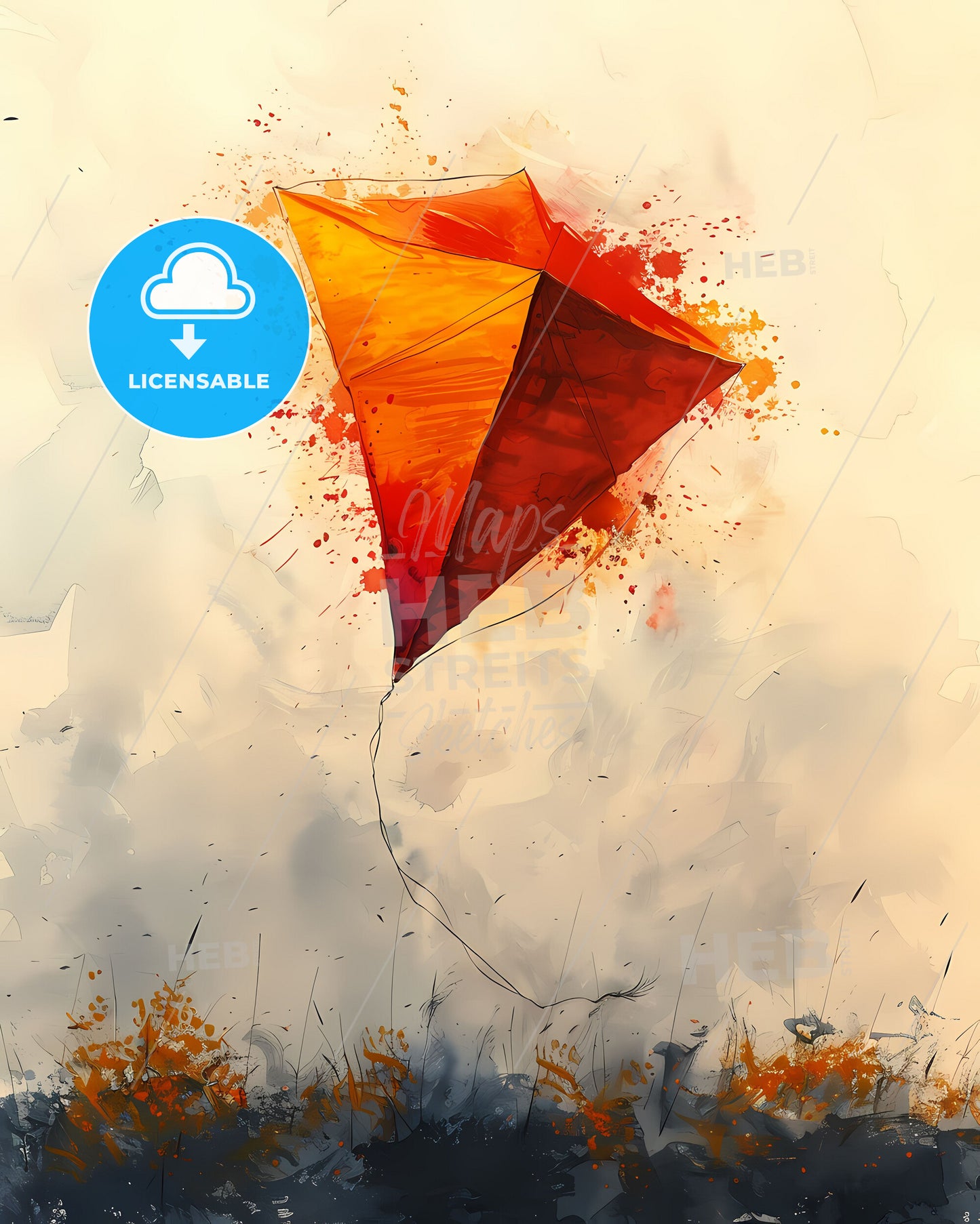 Watercolor Kite Art Painting Sky High Flying Vibrant Colors Artistic