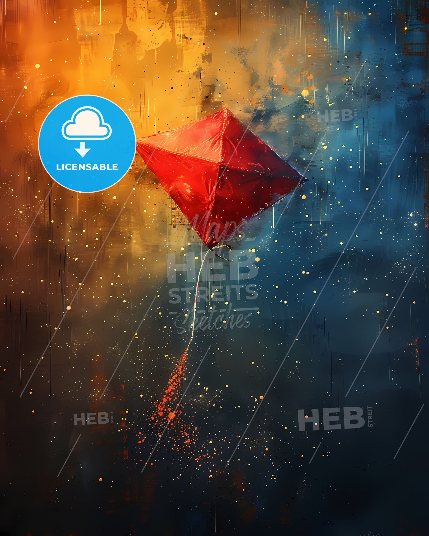 Vibrant Watercolor Painting: Red Kite Soaring in the Azure Sky for Art and Design Inspiration